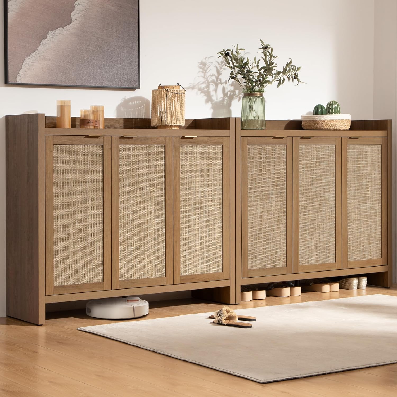 SICOTAS Shoe Storage Cabinet, 30 Pairs Rattan Shoe Cabinet Storage for Entryway