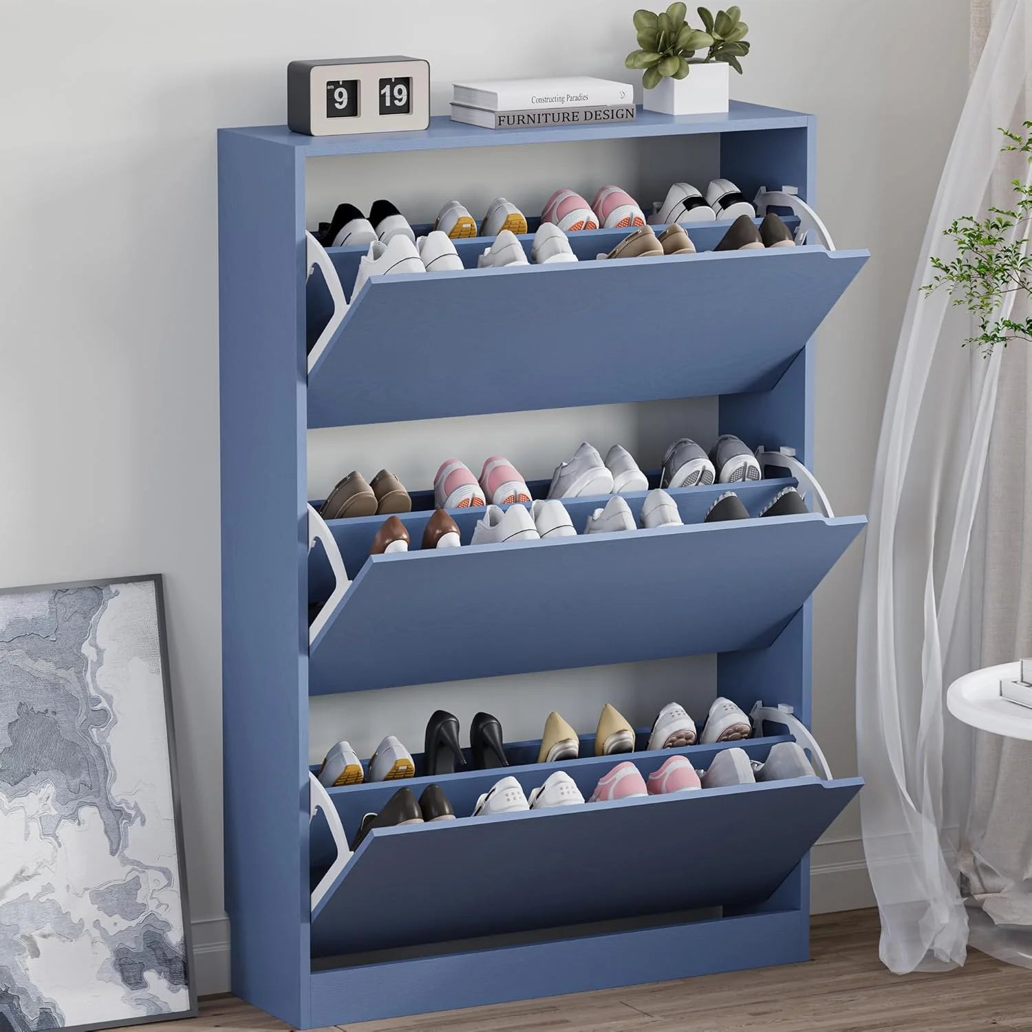 Shoe Cabinet with 3 Flip Drawers Hidden Wood Shoe Cabinet Freestanding Shoe Storage Cabinet