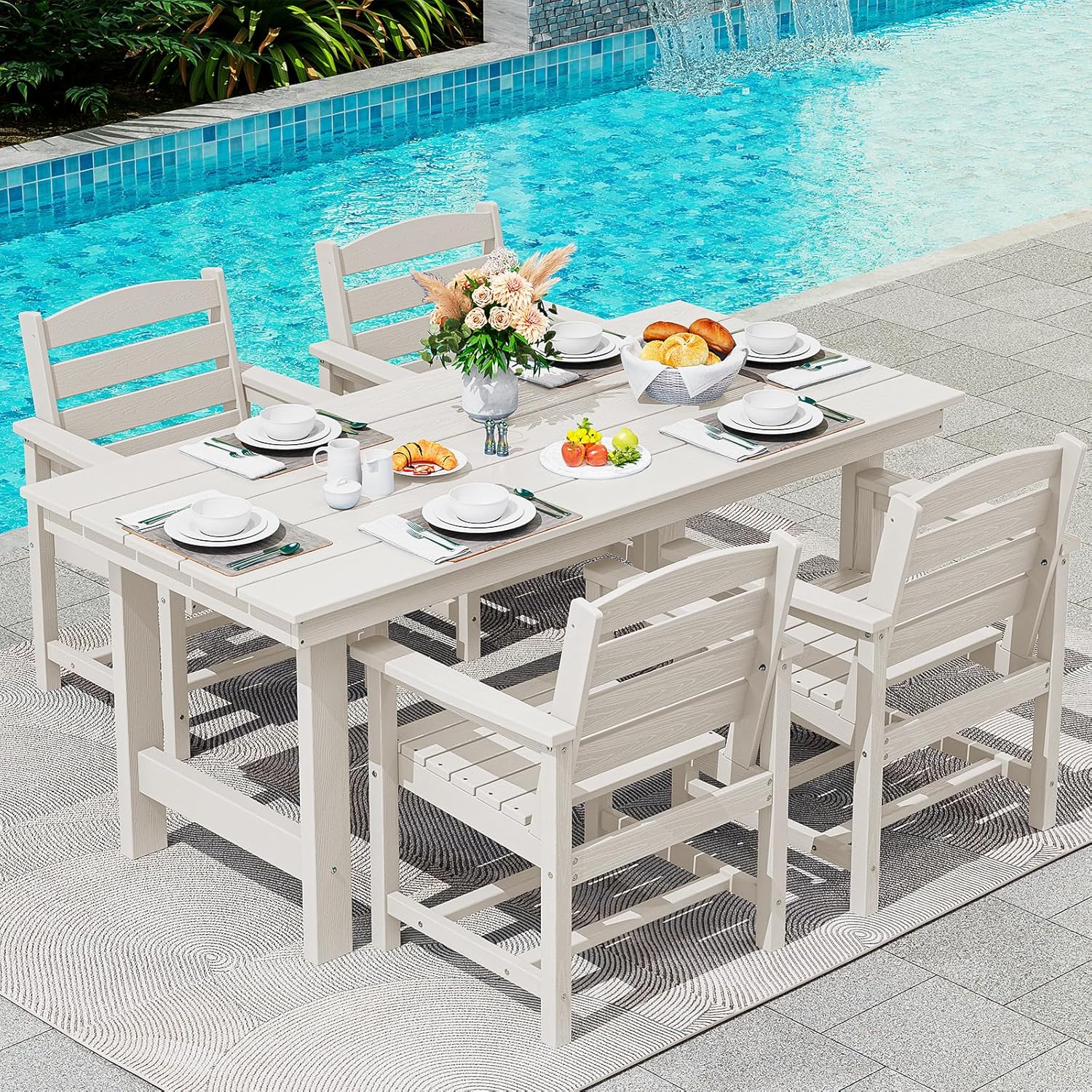SERWALL 7-Piece Patio Dining Table Sets, Outdoor HDPE Dining Furniture Set with Umbrella Hole Cut-Out Table and 6 Chairs, Blue