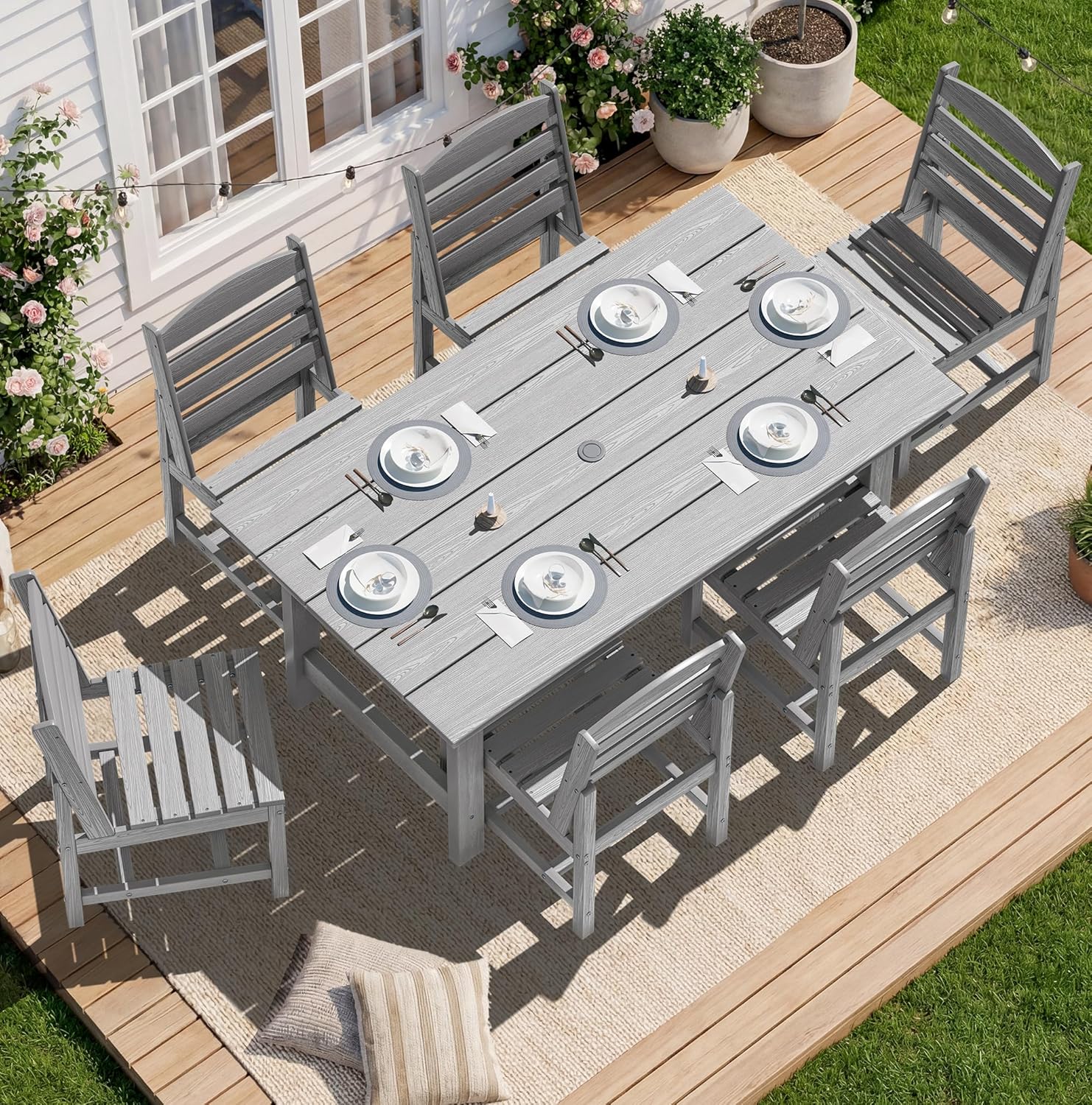 SERWALL 7-Piece Patio Dining Table Sets, Outdoor HDPE Dining Furniture Set with Umbrella Hole Cut-Out Table and 6 Chairs, Blue