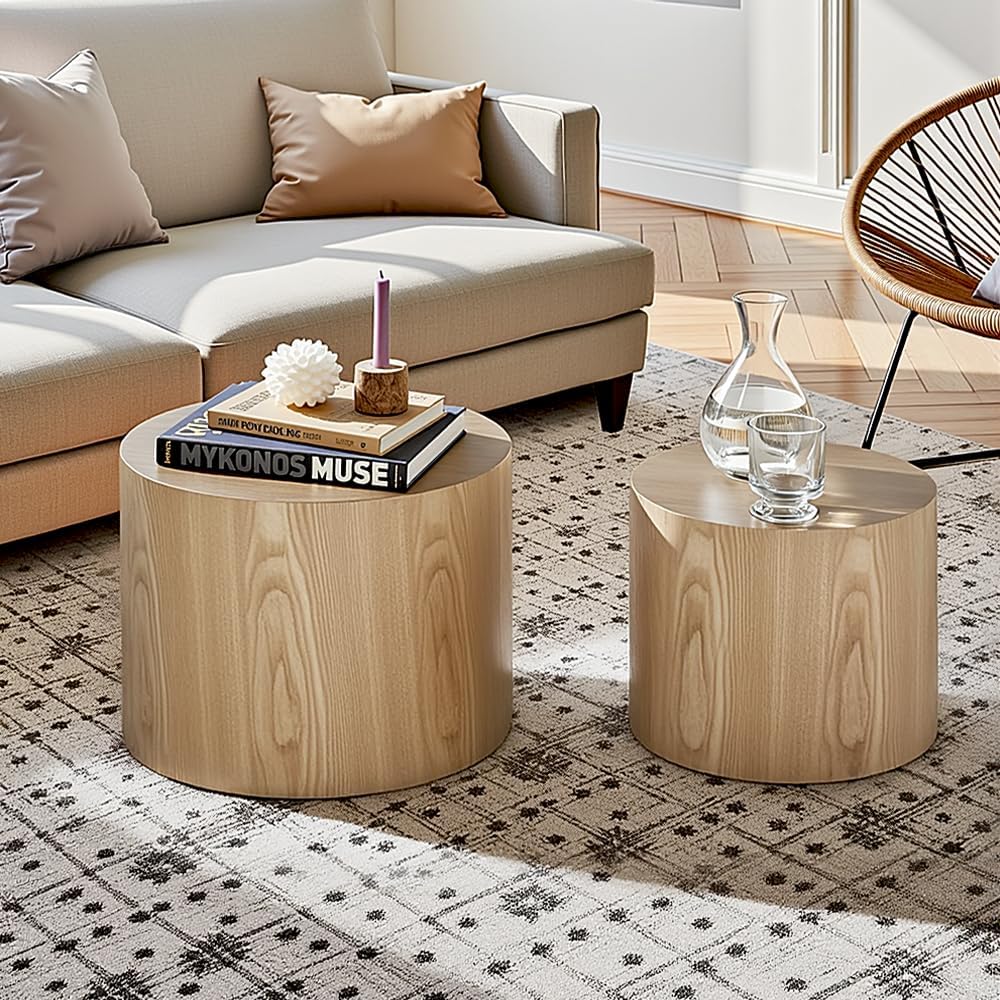 Nesting Coffee Table Set of 2, Modern Round Coffee Table with Non-Slip Feet, Walnut Wooden Circle Accent Tables for Small Spaces Living Room Bedroom Balcony Office Drum Side Table (Walnut)