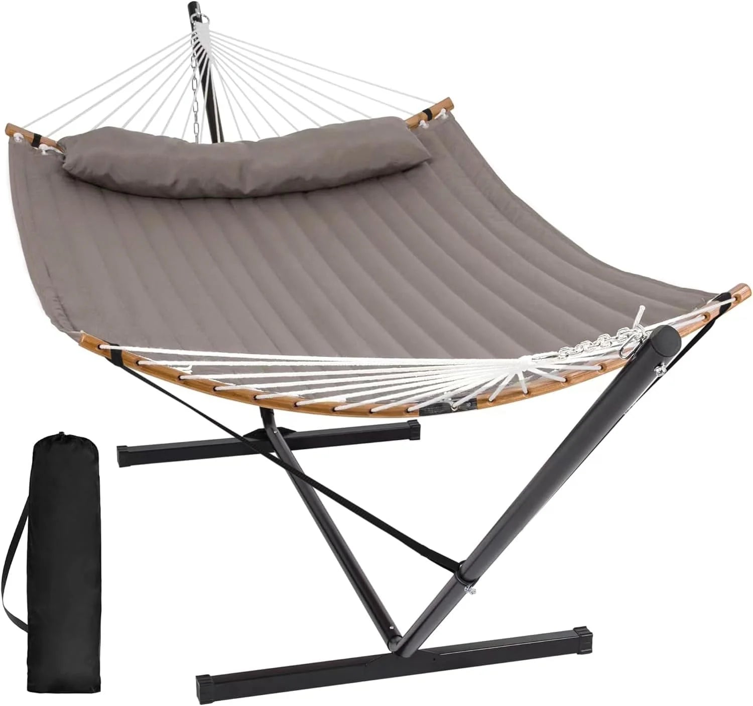 SUNCREAT Double Portable Hammock with Stand 2 Person Hammock with Curved Spreader Bar