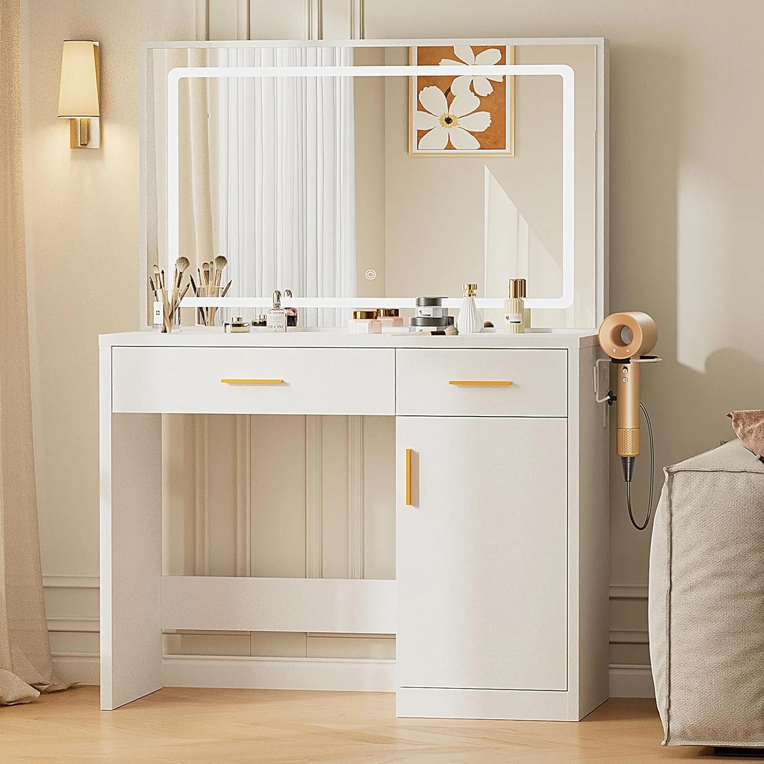 Sweetcrispy Vanity Desk with 35.4 LED Mirror and Lights, Makeup Vanity Table