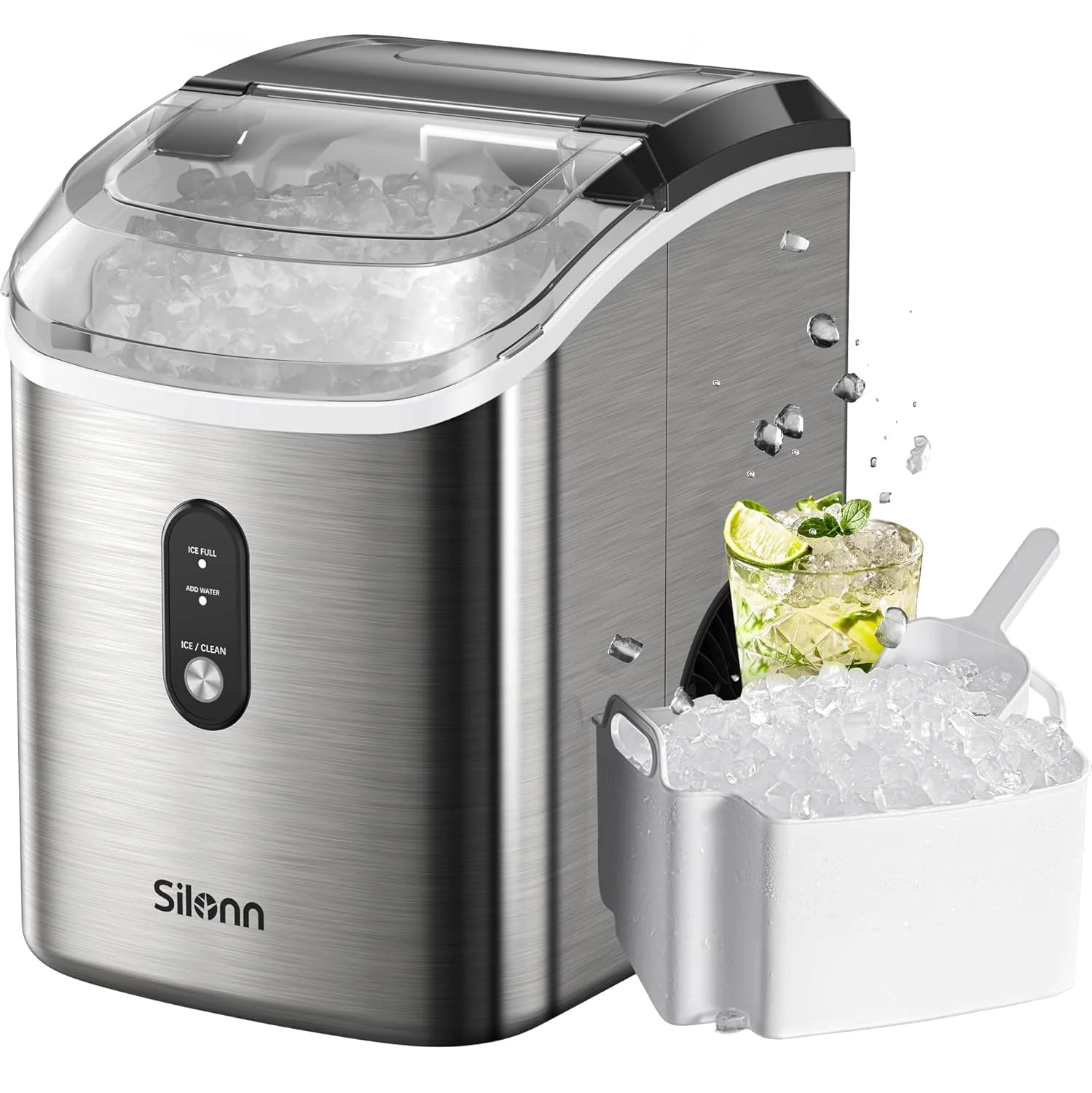 Nugget Ice Maker Countertop, Silonn Chewable Pellet Ice Machine with Self-Cleanin Function, 33lbs/24H Portable Ice Makers for Home Kitchen Officce, Black