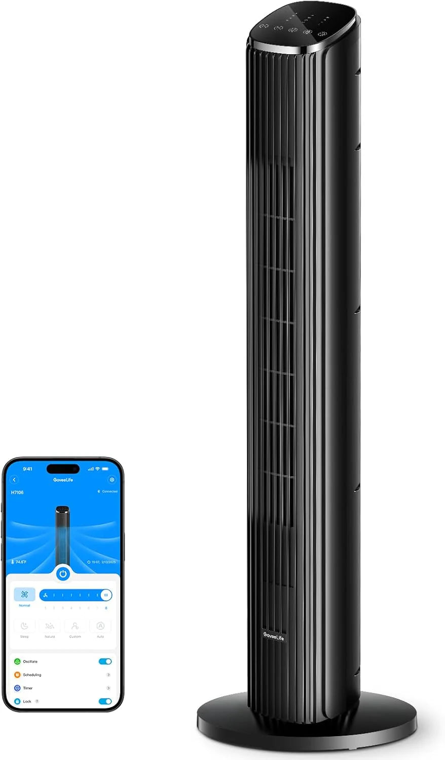 GoveeLife Black Tower Fan for Bedroom, 36 Smart Floor Fan with App/Voice Control, Temperature Sensor, 5 Modes 8 Speeds(25ft/s), 29dB Quiet Oscillating Fan for Office, 24H Timer, Auto Cooling