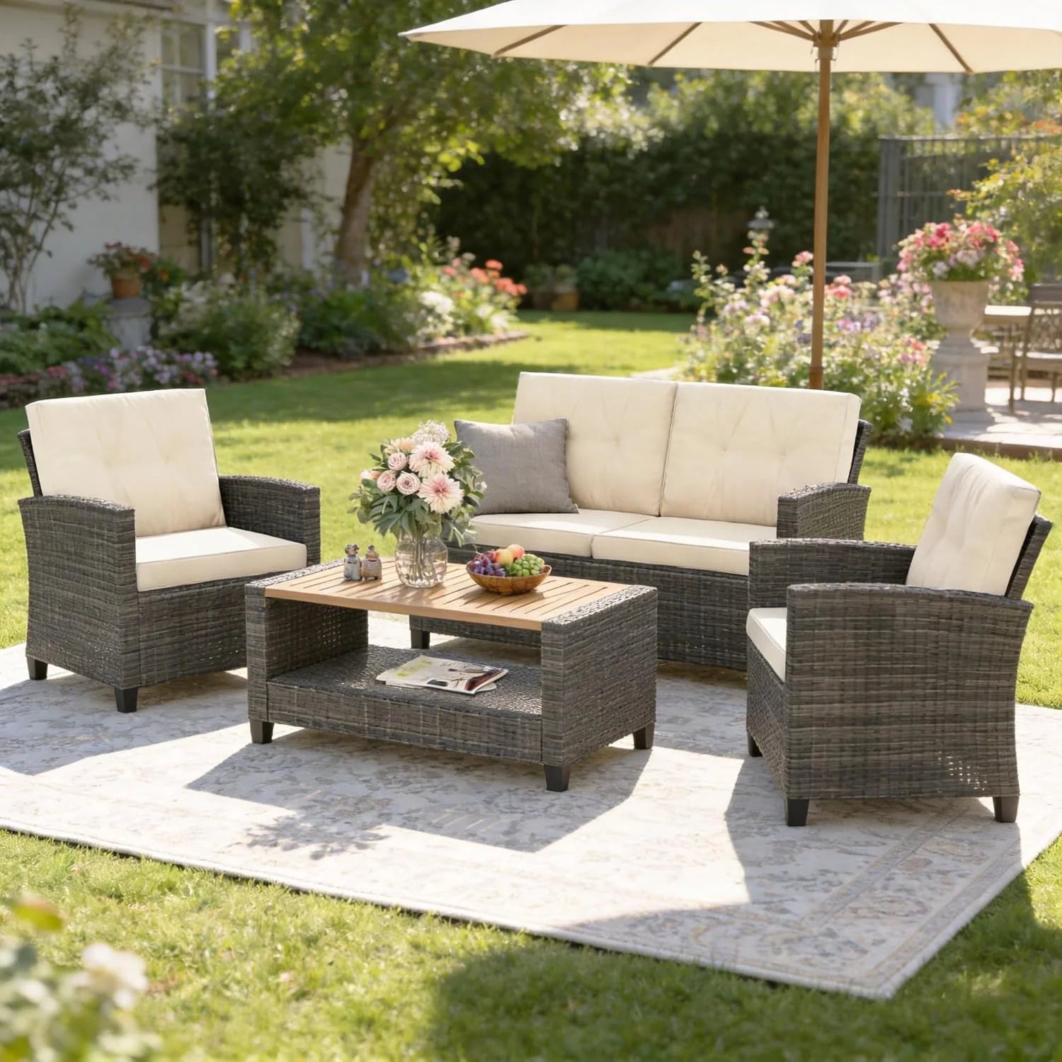 Wisteria Lane 4 Piece Patio Furniture Set, Wicker Outdoor Patio Conversation Furniture Set, All Weather Outdoor Patio Sofa with Cushion and Glass Table, Navy Blue