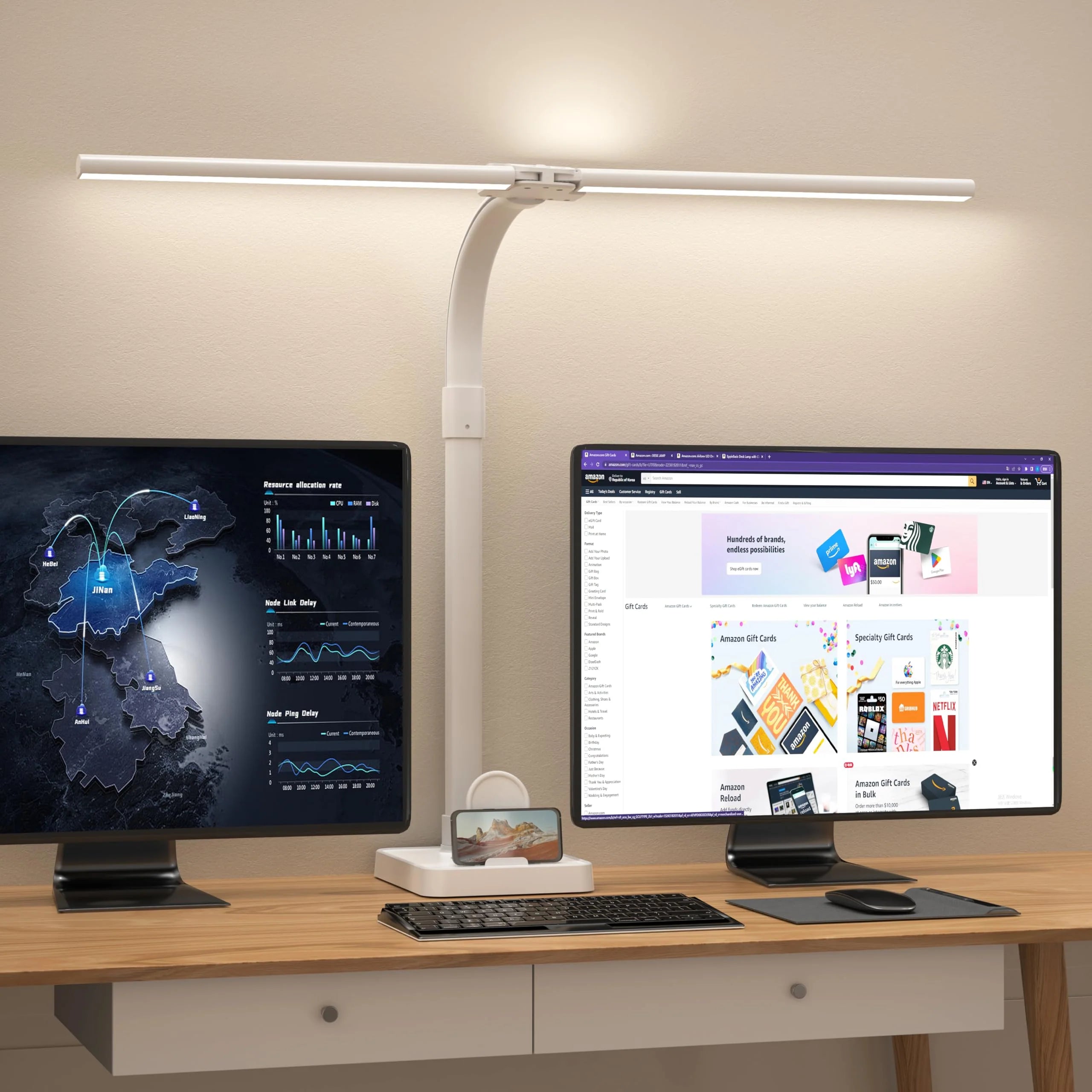 LED Desk Lamp for Home Office Double Head 24W Architect Light with 5 Brightness Levels Flexible Gooseneck