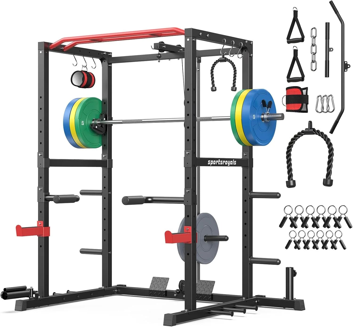 Sportsroyals Squat Rack, LAT Power Cage, Power Rack Multi-Function with Pulley System