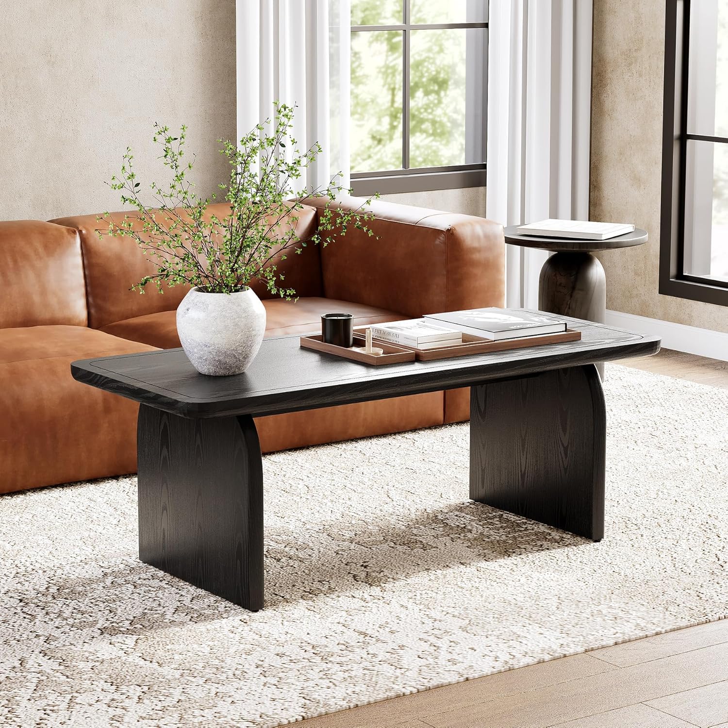 LITTLE TREE Farmhouse Coffee Table, 47 Inch Round Corner Wood Center Table, Rectangular Living Room Table, Modern Low Cocktail Tea Set