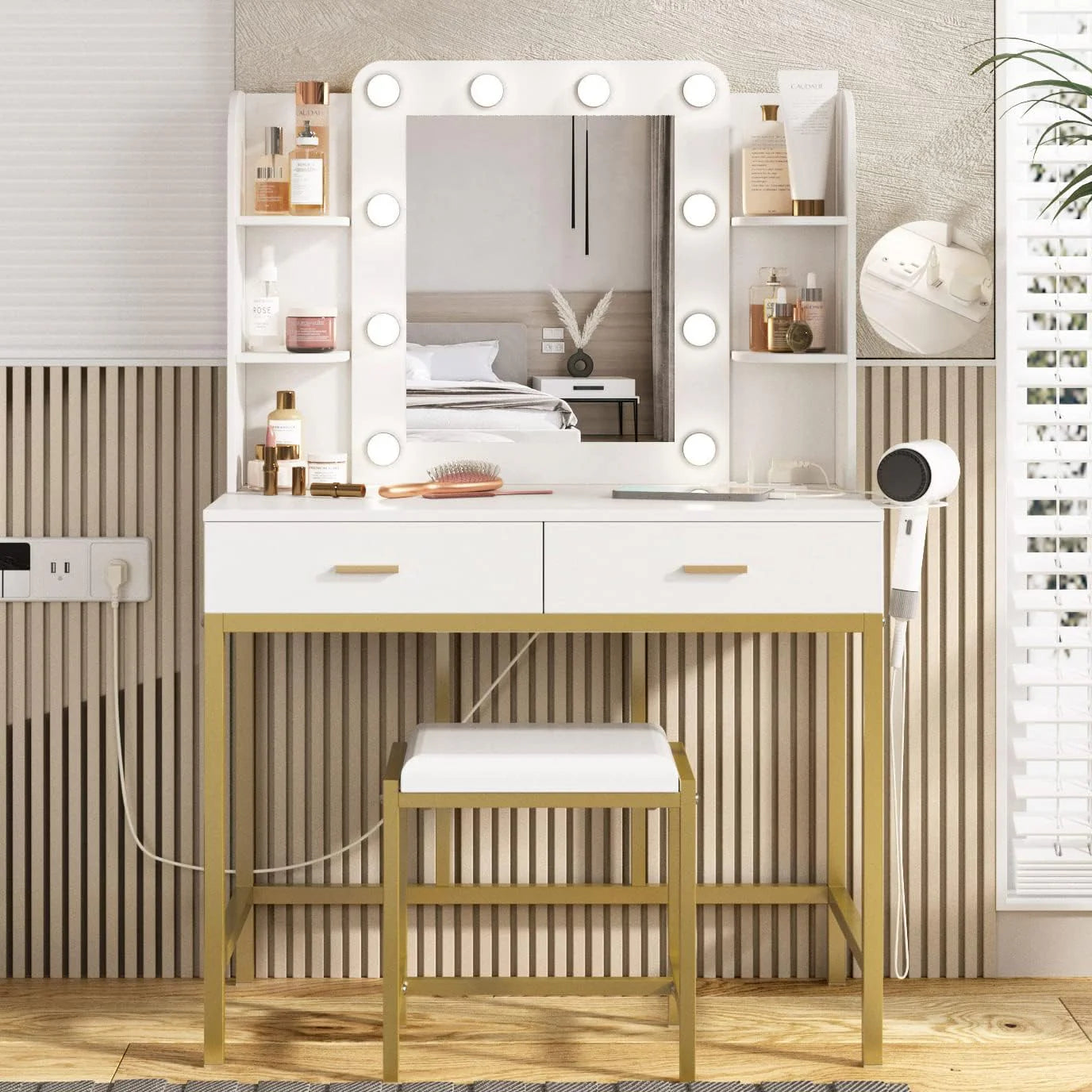 Vabches Vanity Desk with Lights,Makeup Vanity with Power Strip,Dressing Table Set