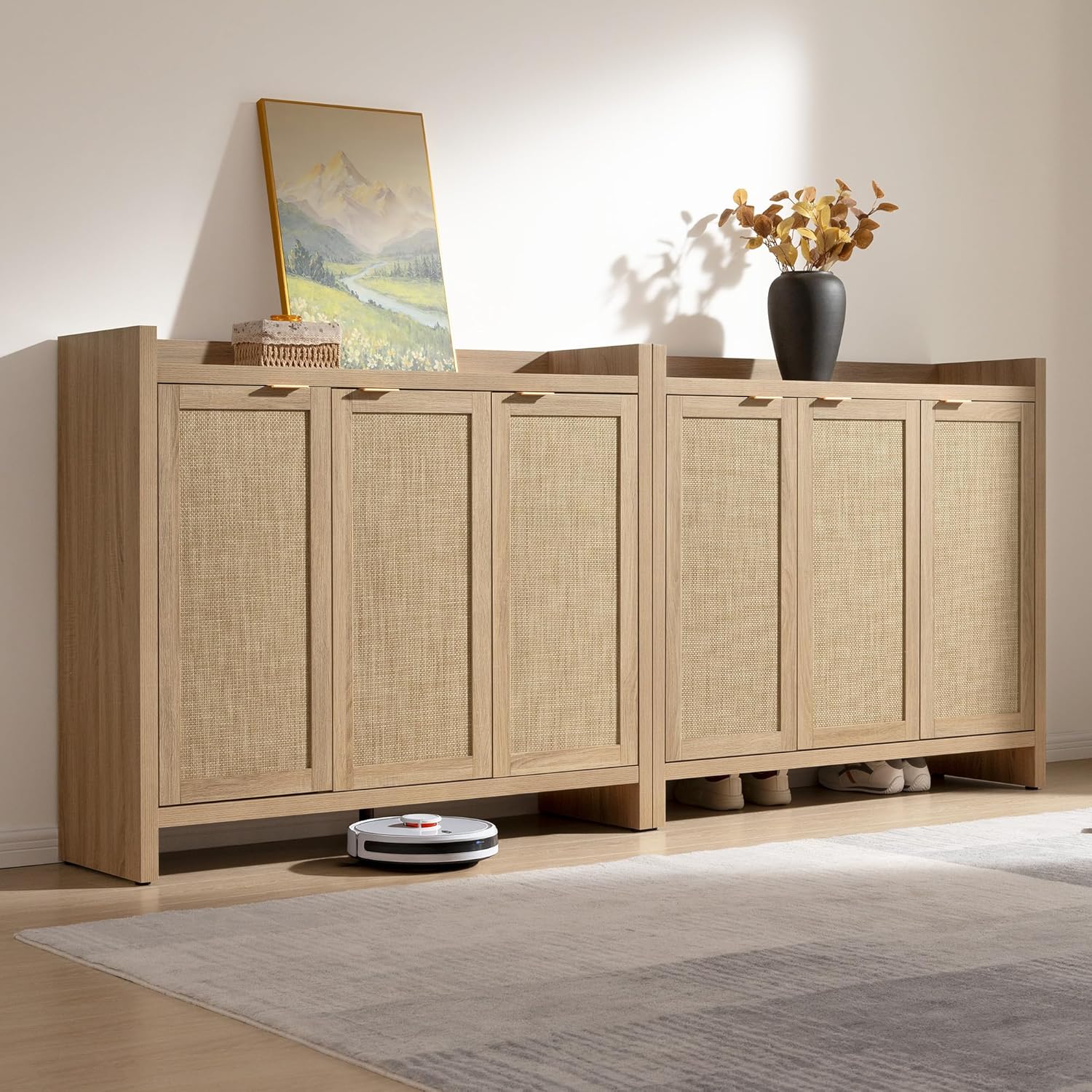 SICOTAS Shoe Storage Cabinet, 30 Pairs Rattan Shoe Cabinet Storage for Entryway