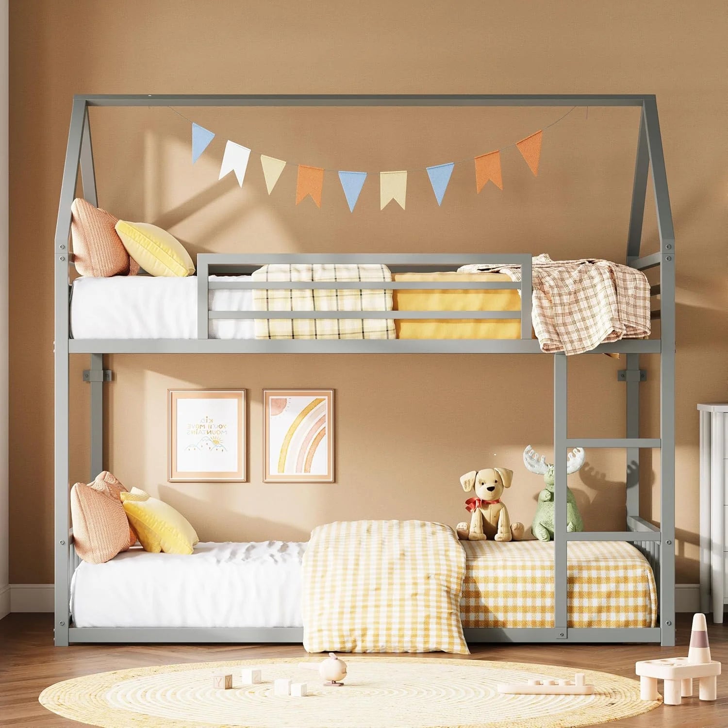 LIKIMIO Bunk Bed Twin Over Twin House Bunk Bed Frame Guardrail House Shaped Metal Slats