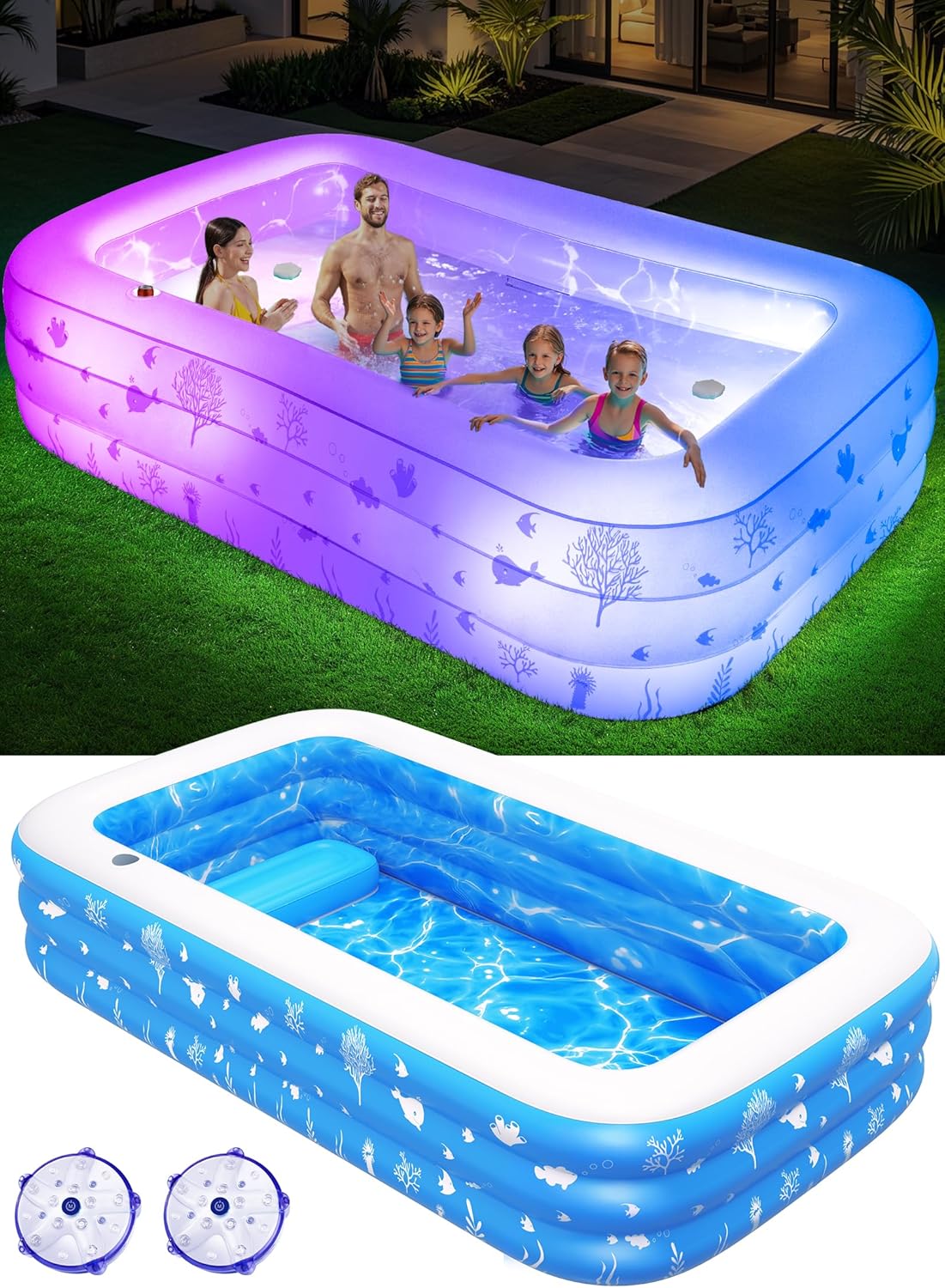 Inflatable Pool with Seat and Pool Lights, Durable Thickened Large Size Family Inflatable Pools for Adults Blow Up Pools,105 x 65 x 25Swimming Inflatable Kids PooI for Backyard,Outdoor (White)