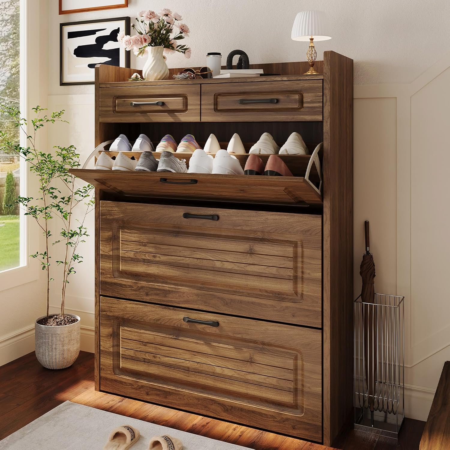 Shoe Cabinet with 3 Large Flip Drawers & 2 Storage Drawers, Narrow Shoe Organizer Cabinet Fits
