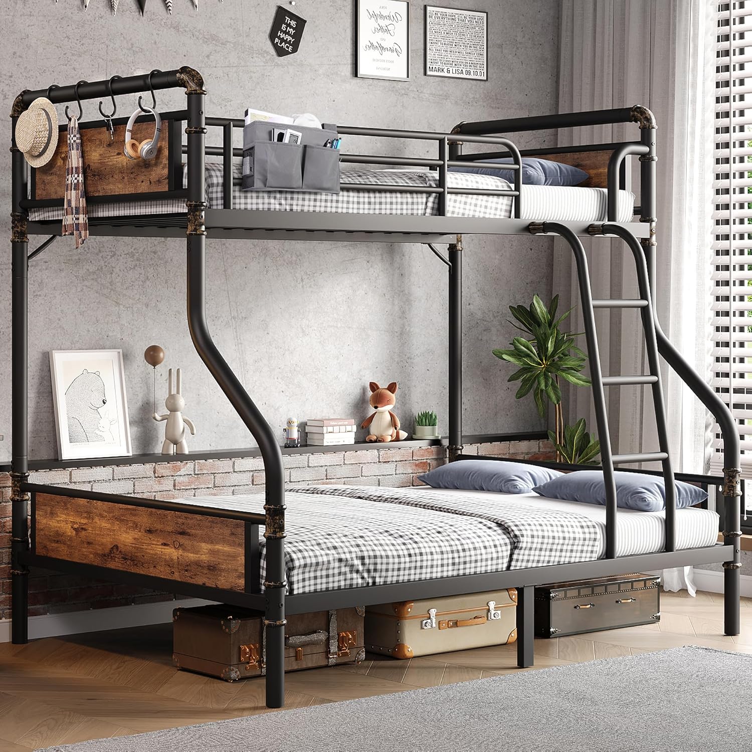 Jocoevol Metal Bunk Bed Twin Over Twin Industrial Bunkbeds Heavy Duty Bed Safety Guard Rails