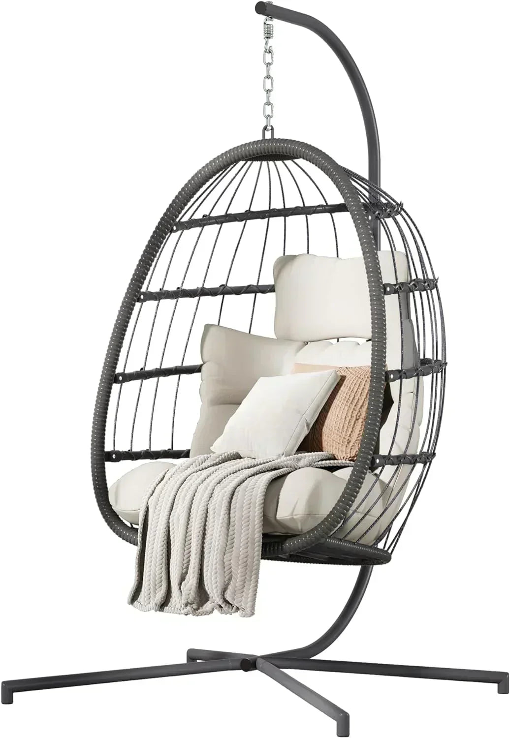 HWB Hanging Egg Chair with Stand Patio Wicker Hammock Egg Swing Chair Cushion for Bedroom