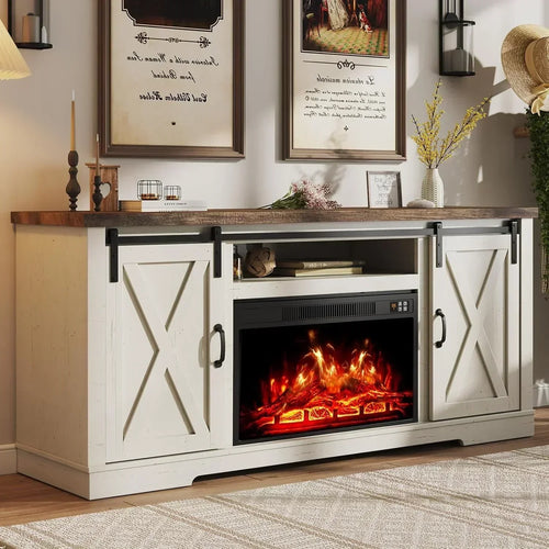 AMERLIFE Fireplace TV Stand with Sliding Barn Door  Farmhouse 63 Fireplace Entertainment Center