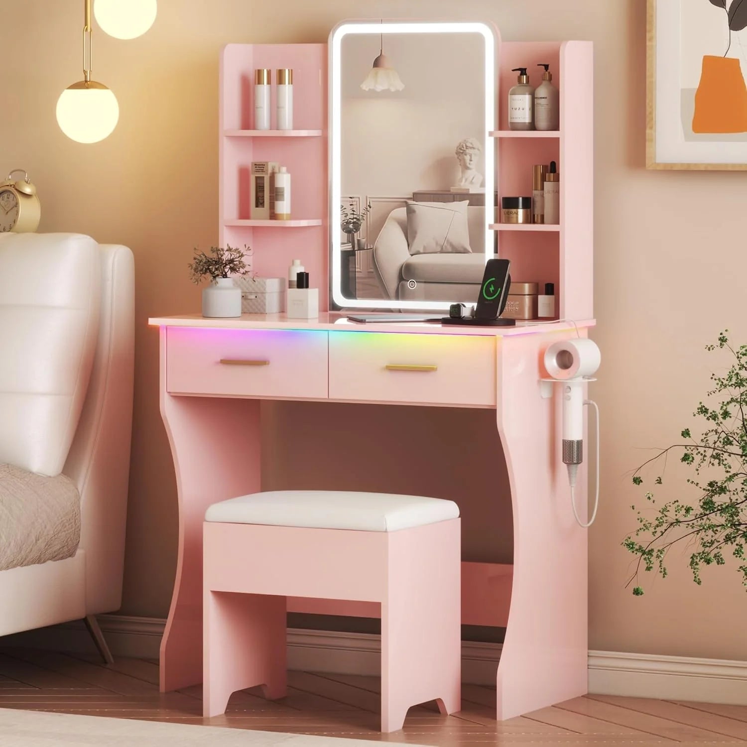 Vanity Desk with LED Lights Mirror & Power Outlet, Small Makeup Vanity Table Set
