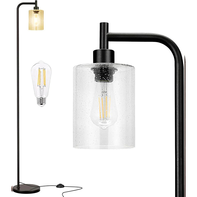 Modern Black Floor Lamp with Clear Glass Shade and LED Bulb