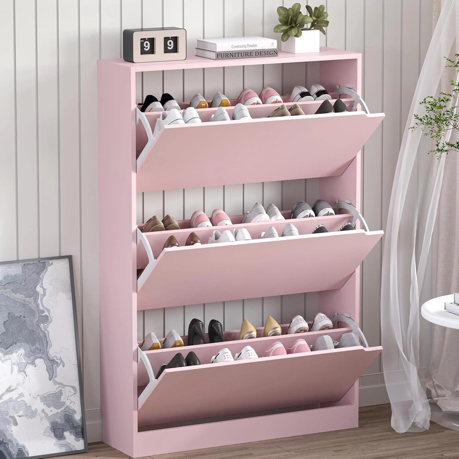 Shoe Cabinet with 3 Flip Drawers Hidden Wood Shoe Cabinet Freestanding Shoe Storage Cabinet