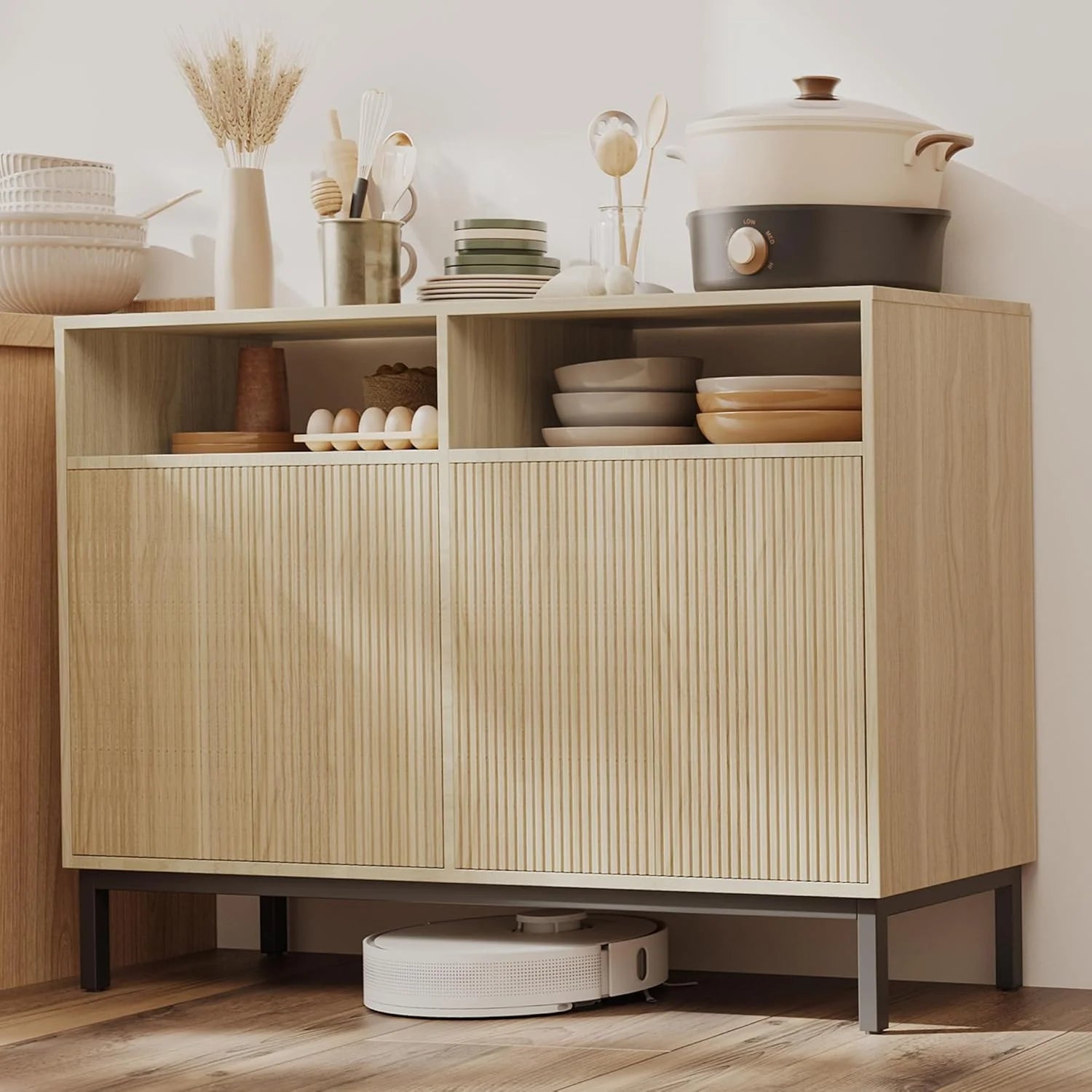 Mericonia Farmhouse Buffet Sideboard Cabinet with Storage Fluted Coffee Bar with Doors