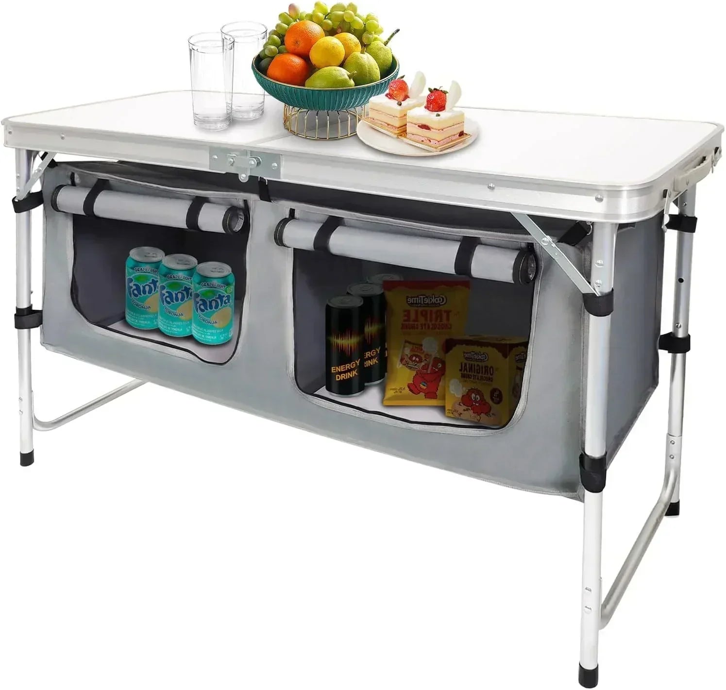 Outdoor Folding Table Aluminum Lightweight Height Adjustable with Storage Organizer