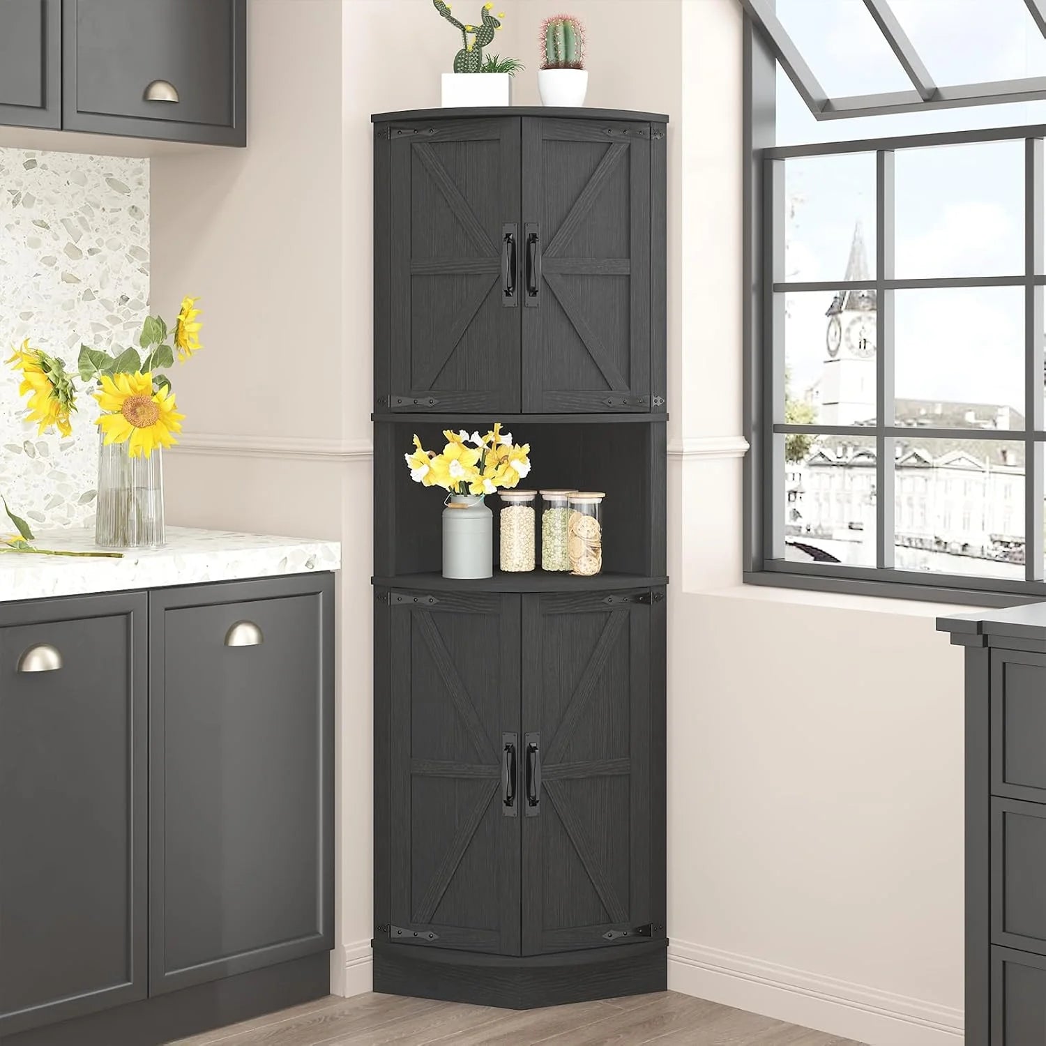 Vabches 64.8 Tall Farmhouse Corner Cabinet Farmhouse Storage Cabinet with Barn Door Design