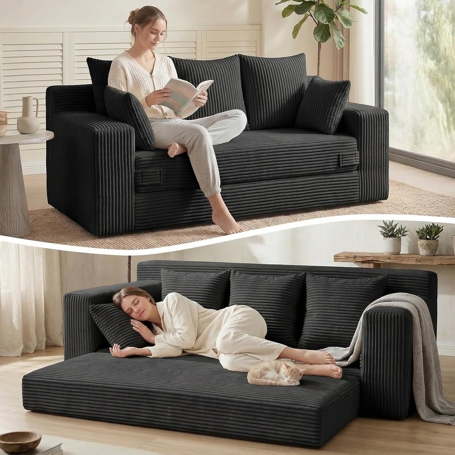 Loveseat Boneless Convertible Sofa Bed, Folding Floor Futon Sleeper Sofa Couch Bed- Boneless Foldable Couch, Corduroy Pull Out Sofa Bed with 2 Pillows for Living Room & Bedroom
