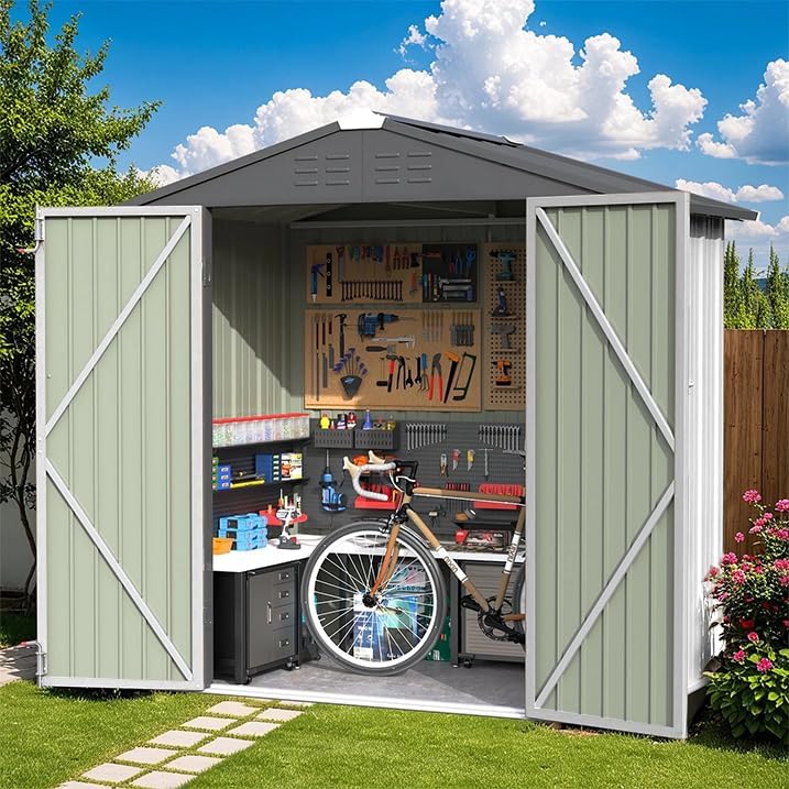 Greesum 6×4 FT Outdoor Storage Shed, Metal Patio Storage Shed with Lockable Door