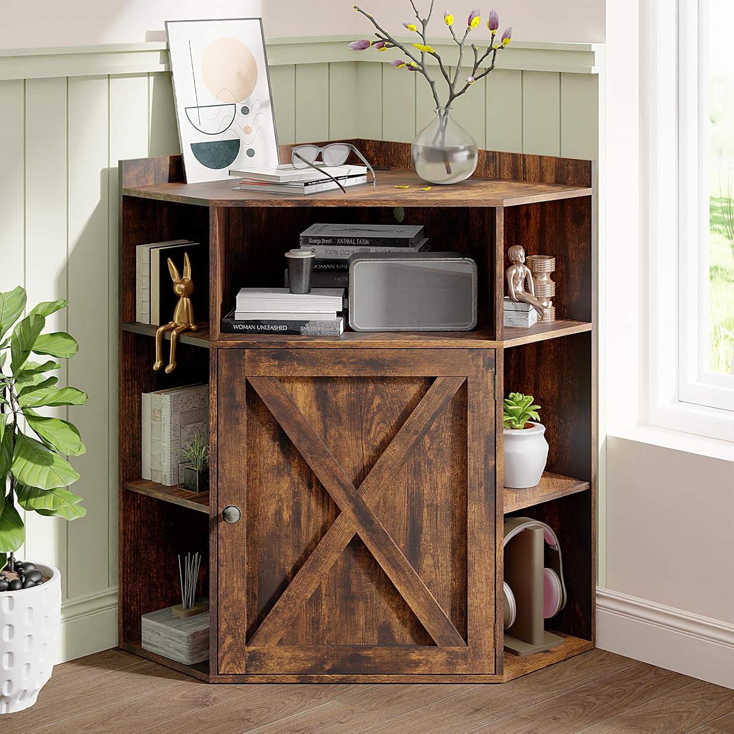 Vabches Corner Cabinet, Corner Storage Shelf with USB Ports and Outlets Industrial Organizer