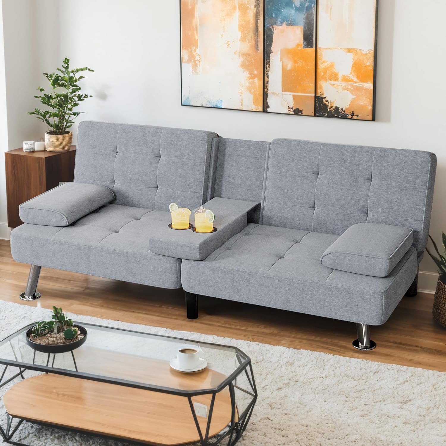 Shahoo Modern Linen Upholstered Convertible Folding Futon Sofa Bed with Removable Armrests
