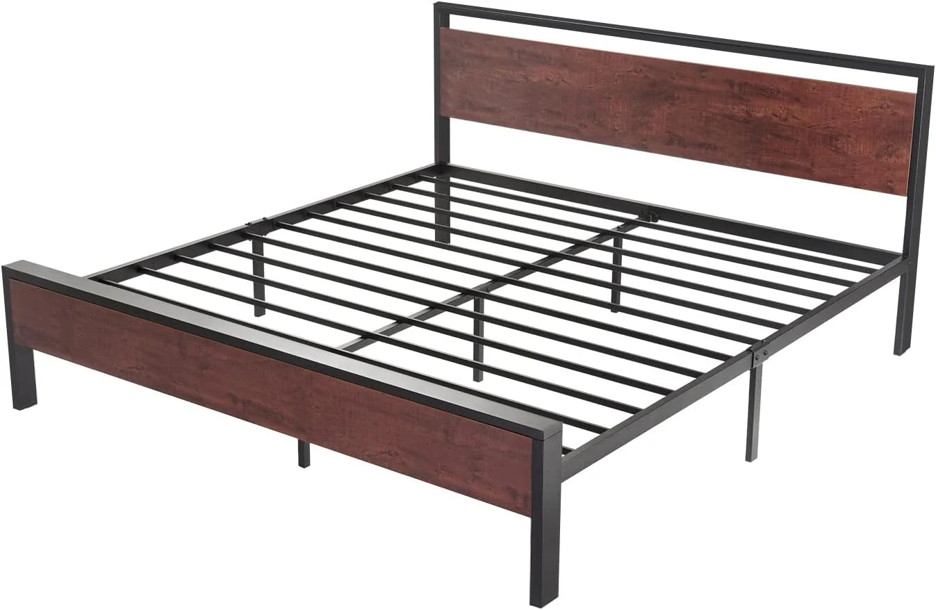 SHA CERLIN 14 Inch Queen Size Metal Platform Bed Frame with Wooden Headboard and Footboard