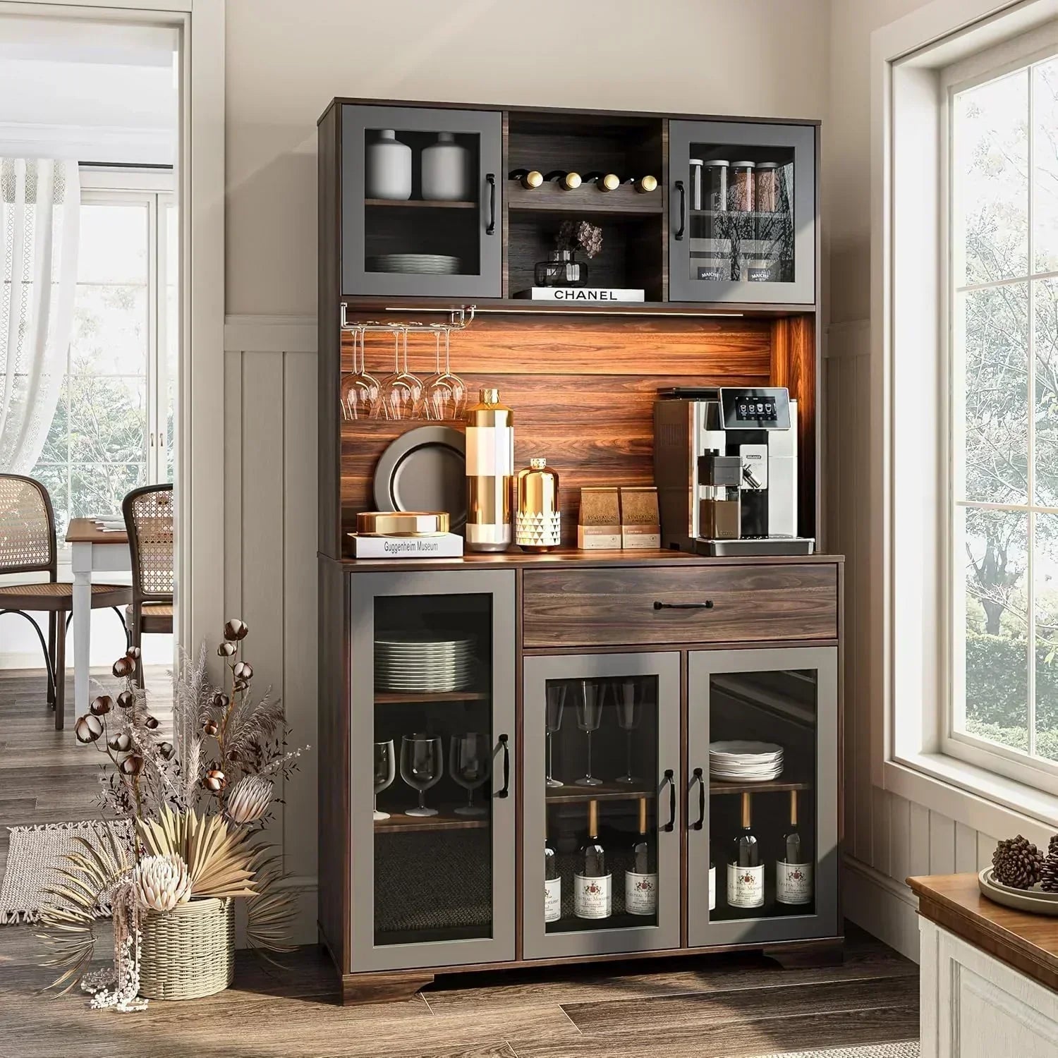 Kitchen Hutch Pantry Cabinet 71 Tall with Glass Doors