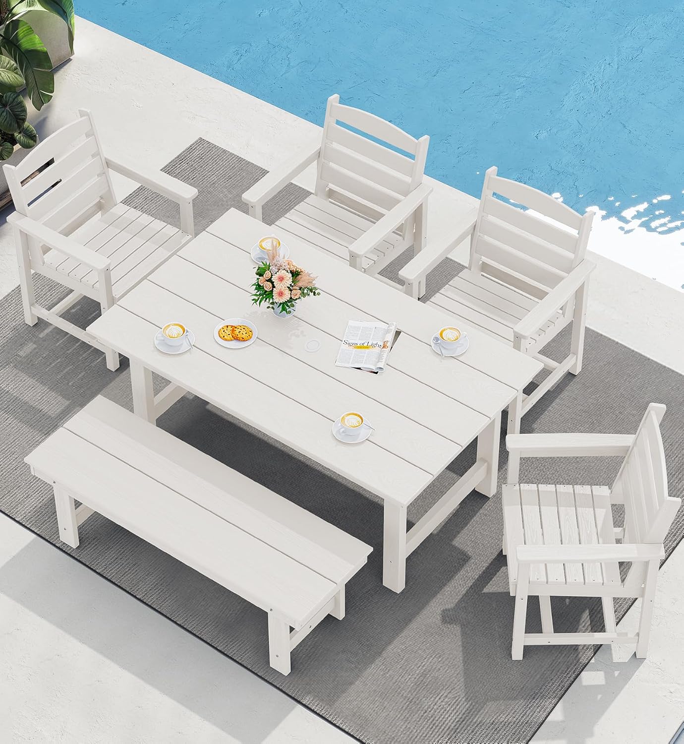 SERWALL Outdoor HDPE Dining Table Set 7 Piece Outdoor Dining Table Sets