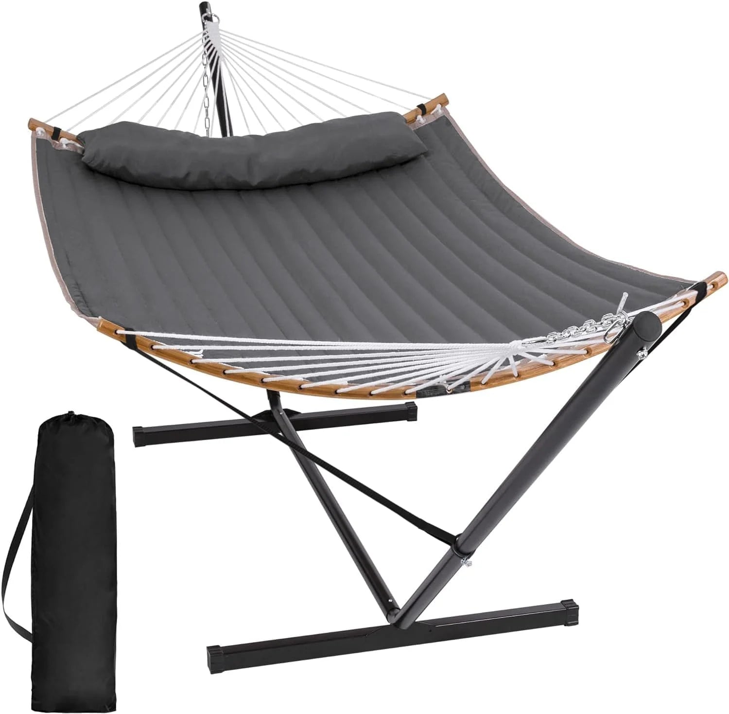 SUNCREAT Double Portable Hammock with Stand 2 Person Hammock with Curved Spreader Bar