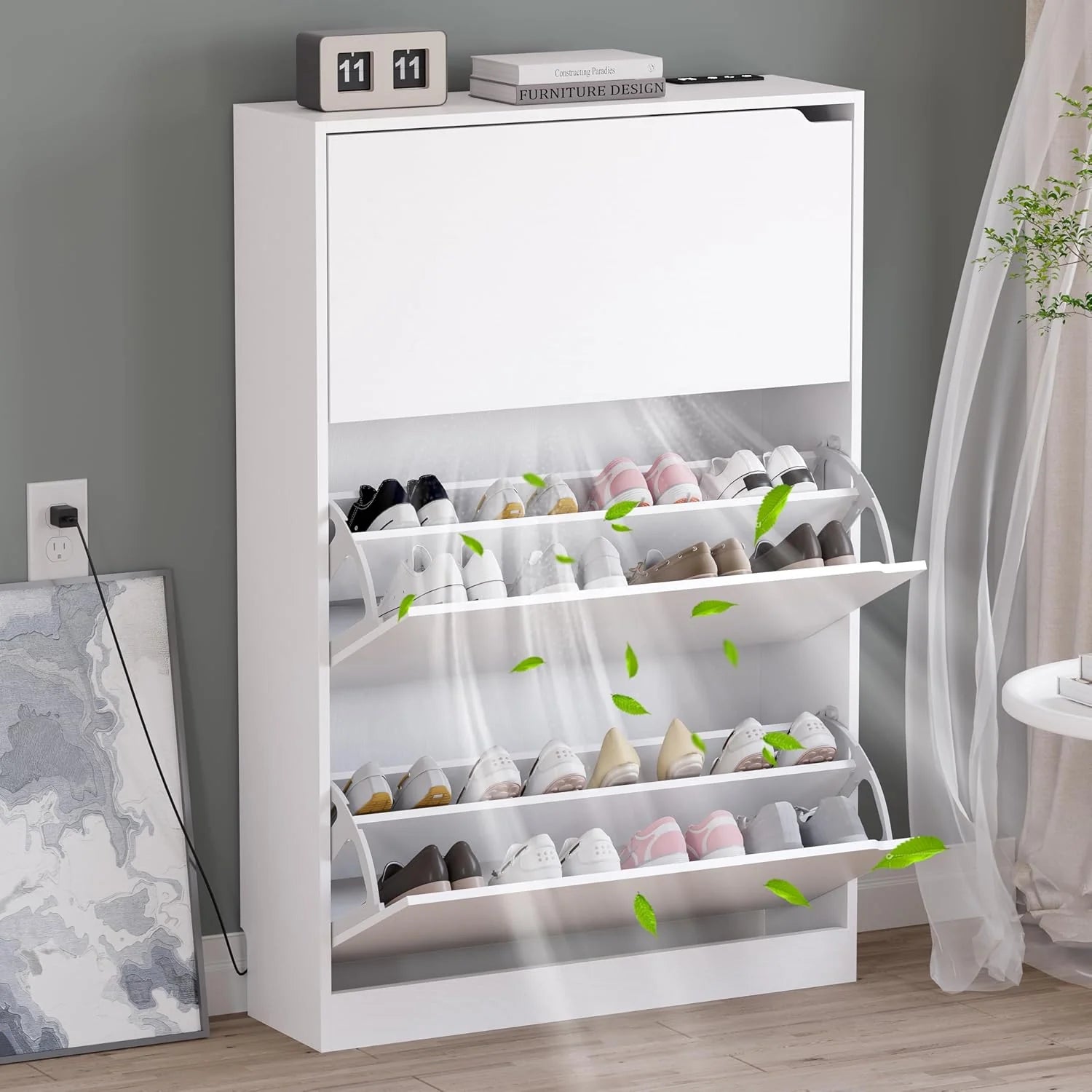 Shoe Cabinet with 3 Flip Drawers Hidden Wood Shoe Cabinet Freestanding Shoe Storage Cabinet