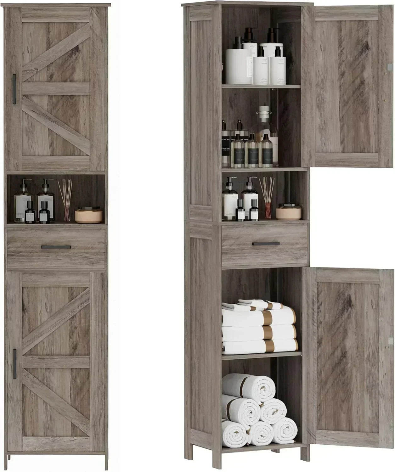 Homhedy 67 H Tall Bathroom Storage Cabinet with 2 Barn Doors and 1 Drawer Narrow Storage Unit