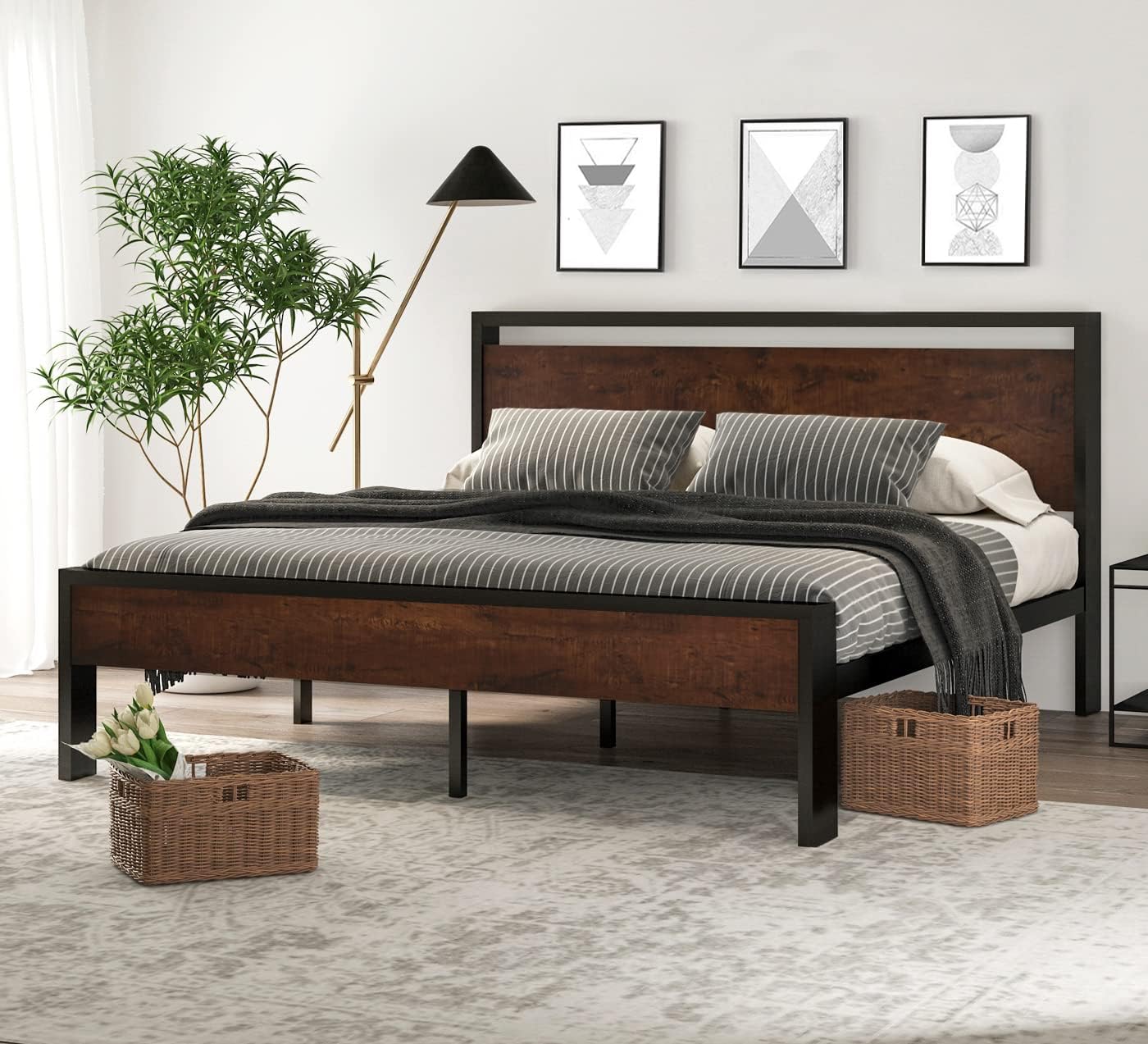 SHA CERLIN 14 Inch Full Size Metal Platform Bed Frame with Wooden Headboard and Footboard