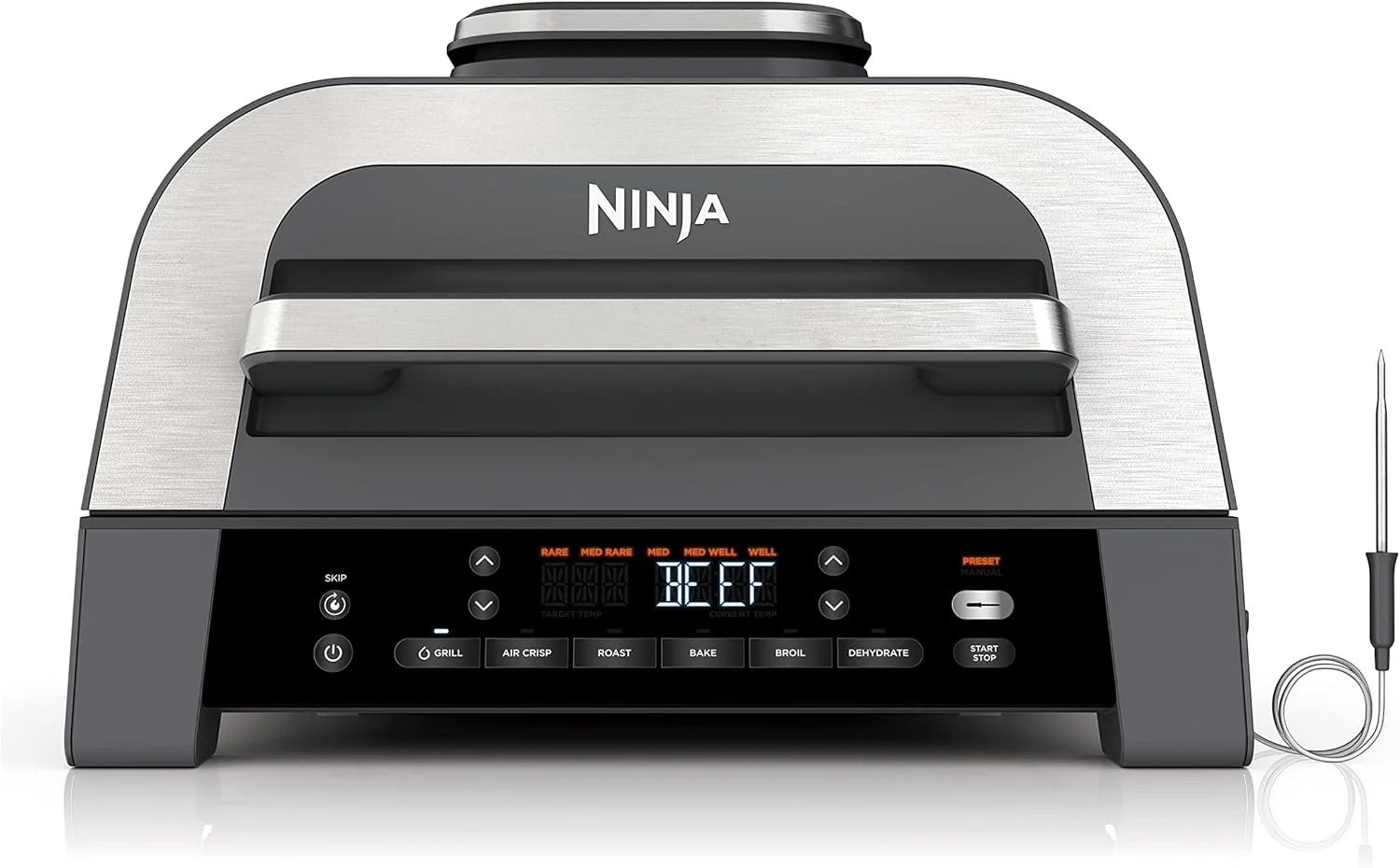 Ninja | Indoor Grill | Foodi | 5-in-1 (Grill, Air Fry, Roast, Bake, and Dehydrate | Fits up to 3lb Roast | Smoke Control System and Dishwasher Safe Parts| Black/Grey | AG301