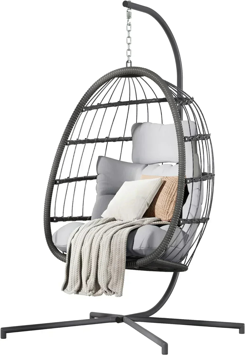 HWB Hanging Egg Chair with Stand Patio Wicker Hammock Egg Swing Chair Cushion for Bedroom