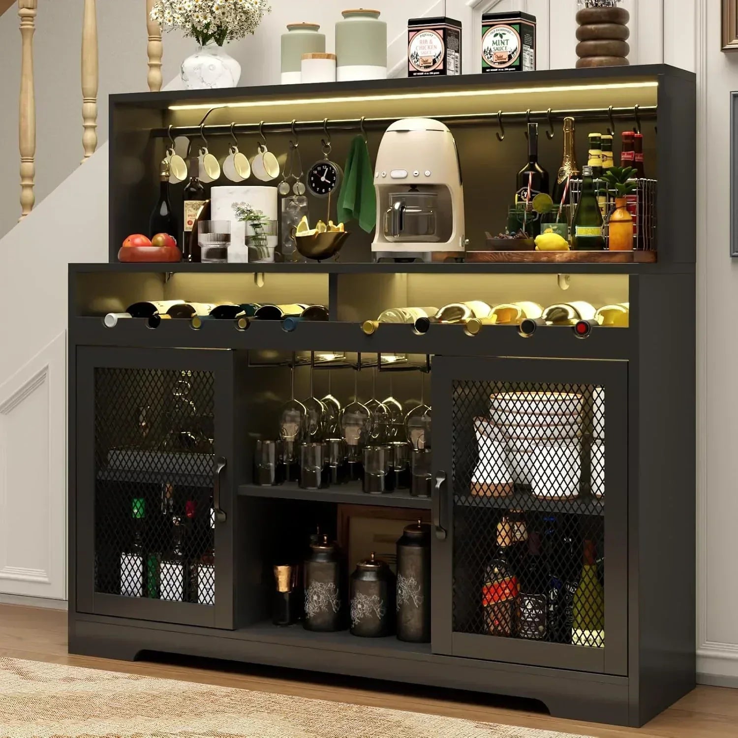 Wine Bar Cabinet with LED Light Liquor Cabinet with Glass Holder Coffee Bar for Liquor
