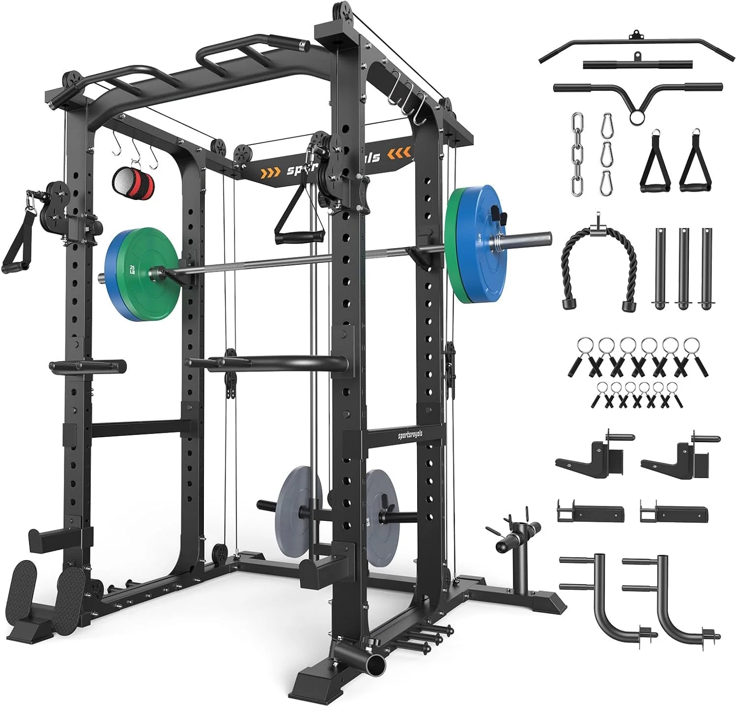 Sportsroyals Squat Rack, LAT Power Cage, Power Rack Multi-Function with Pulley System