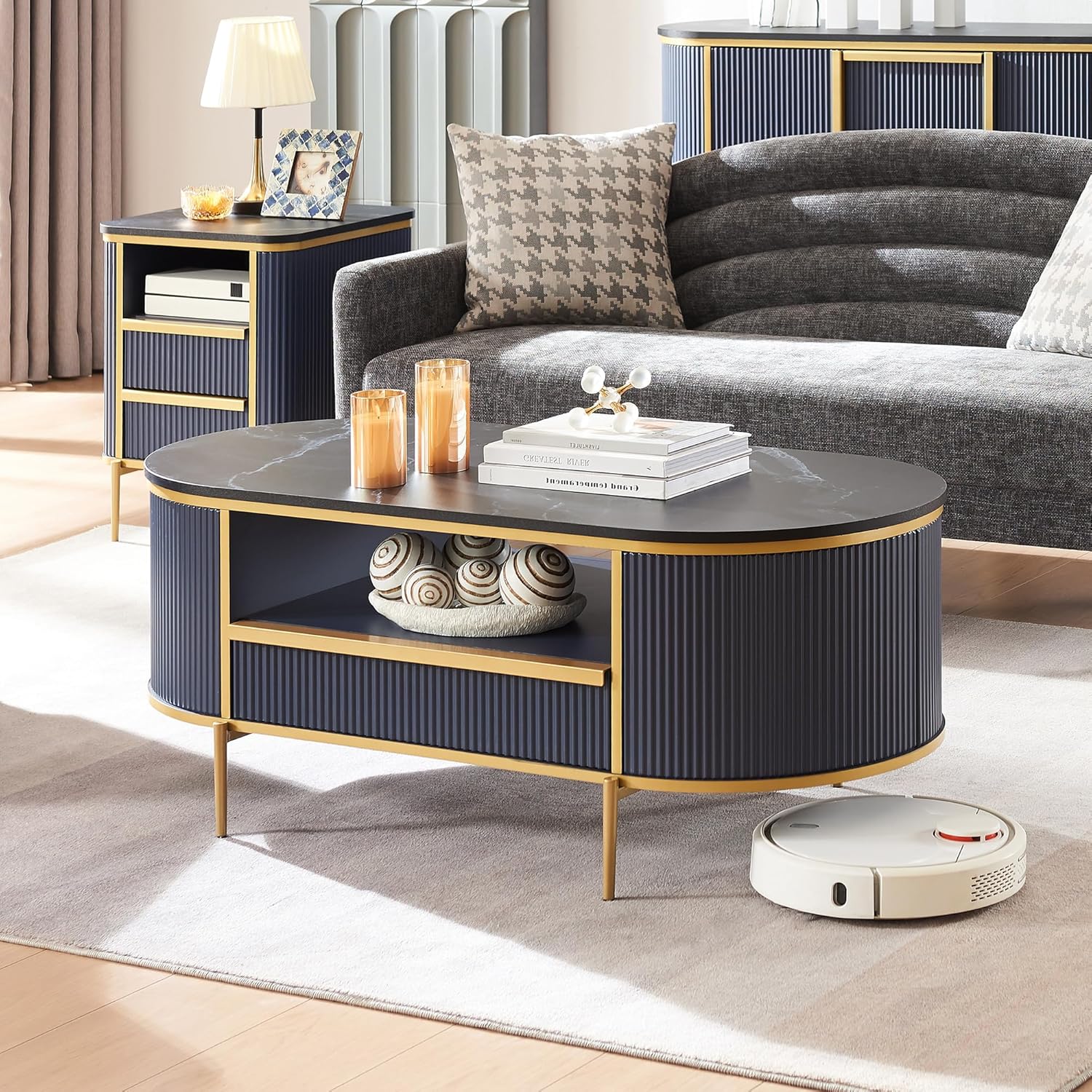 OKD Modern Luxury Grooved Coffee Table, 48 Inch Oval Coffee Table with Drawers, Imitation Marble Top, Curved Contour Design, Gold Metal Trim, Living Room Center Table