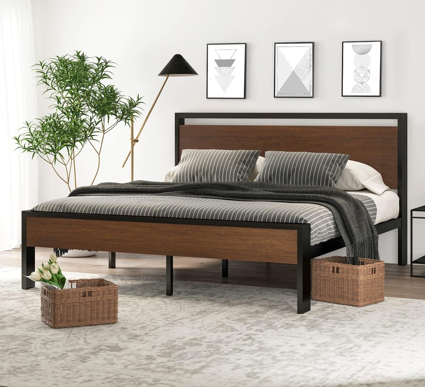 SHA CERLIN 14 Inch Full Size Metal Platform Bed Frame with Wooden Headboard and Footboard