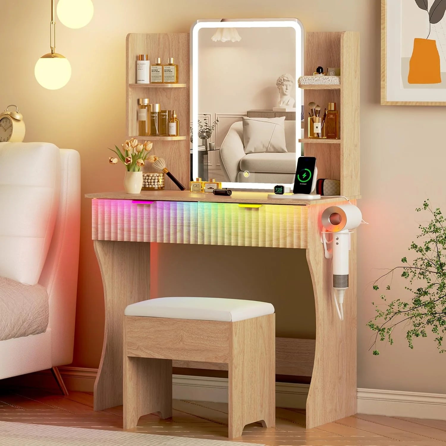 Vanity Desk with LED Lights Mirror & Power Outlet, Small Makeup Vanity Table Set