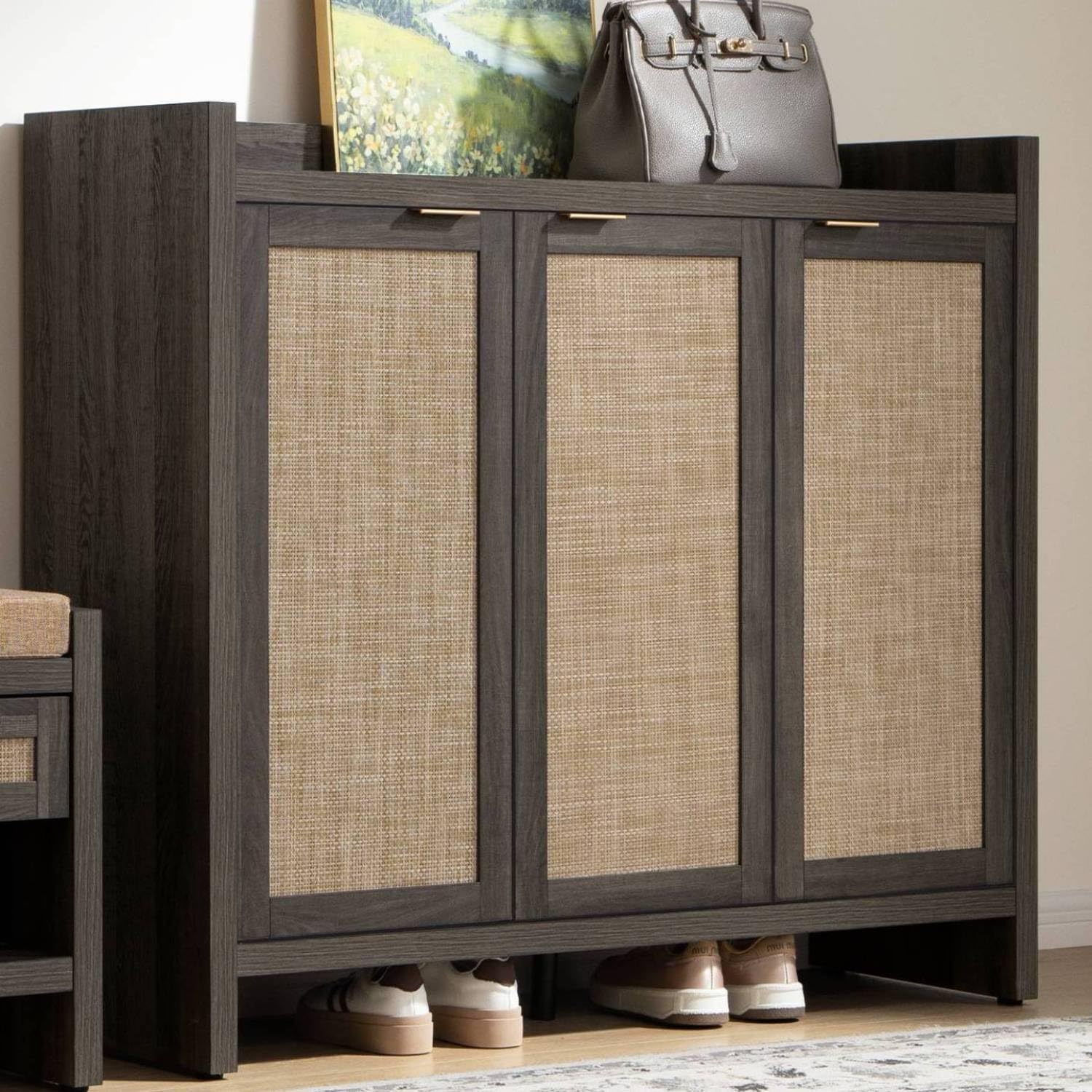 SICOTAS Shoe Storage Cabinet, 30 Pairs Rattan Shoe Cabinet Storage for Entryway
