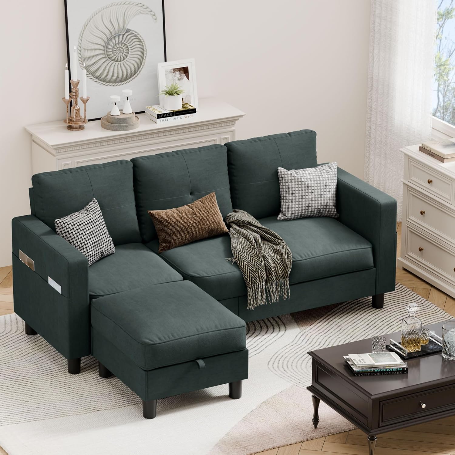 Vongrasig Convertible Sectional Sofa Couch 3 Seat L Shaped Sofa with Removable Pillows