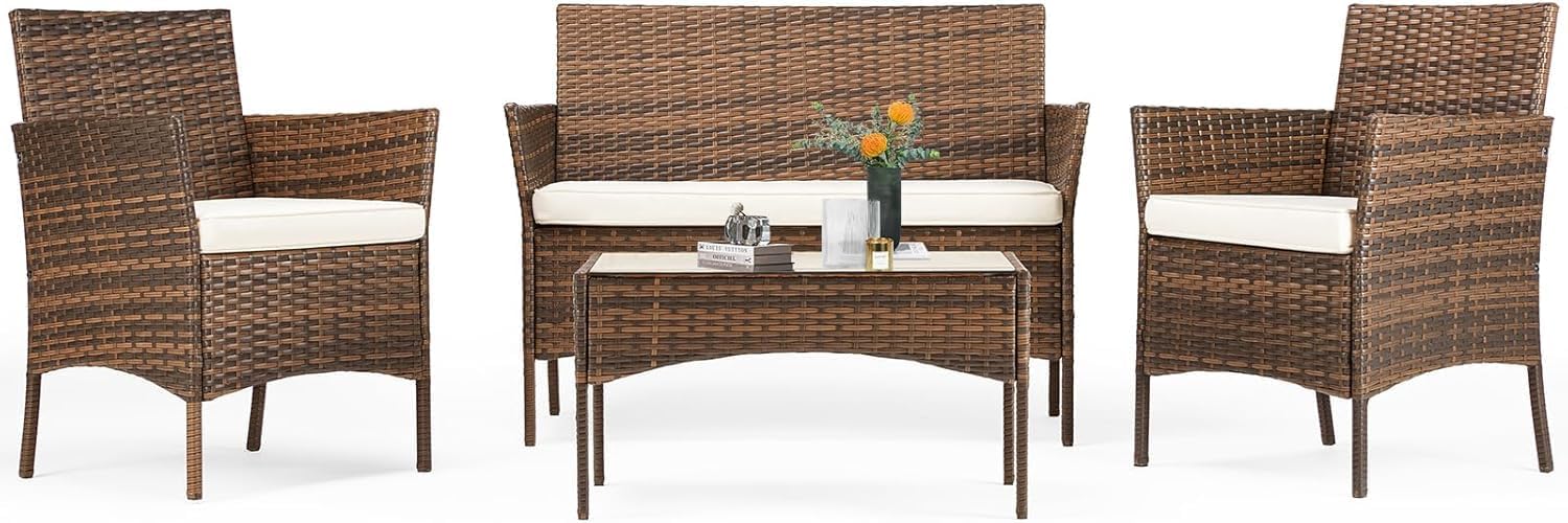 Sweetcripy Patio Furniture Set 3 Pieces Outdoor Furniture with Soft Cushion and Glass Table