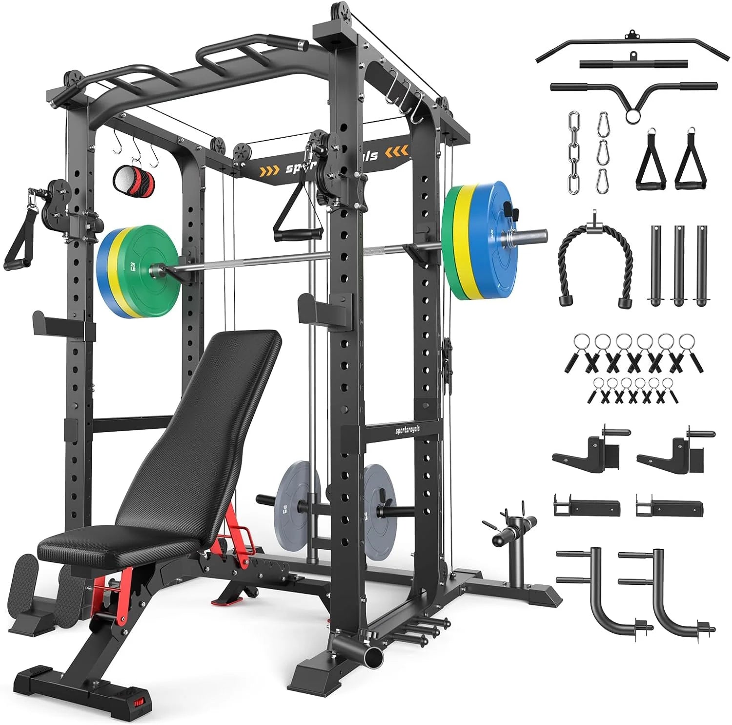 Sportsroyals Squat Rack, LAT Power Cage, Power Rack Multi-Function with Pulley System