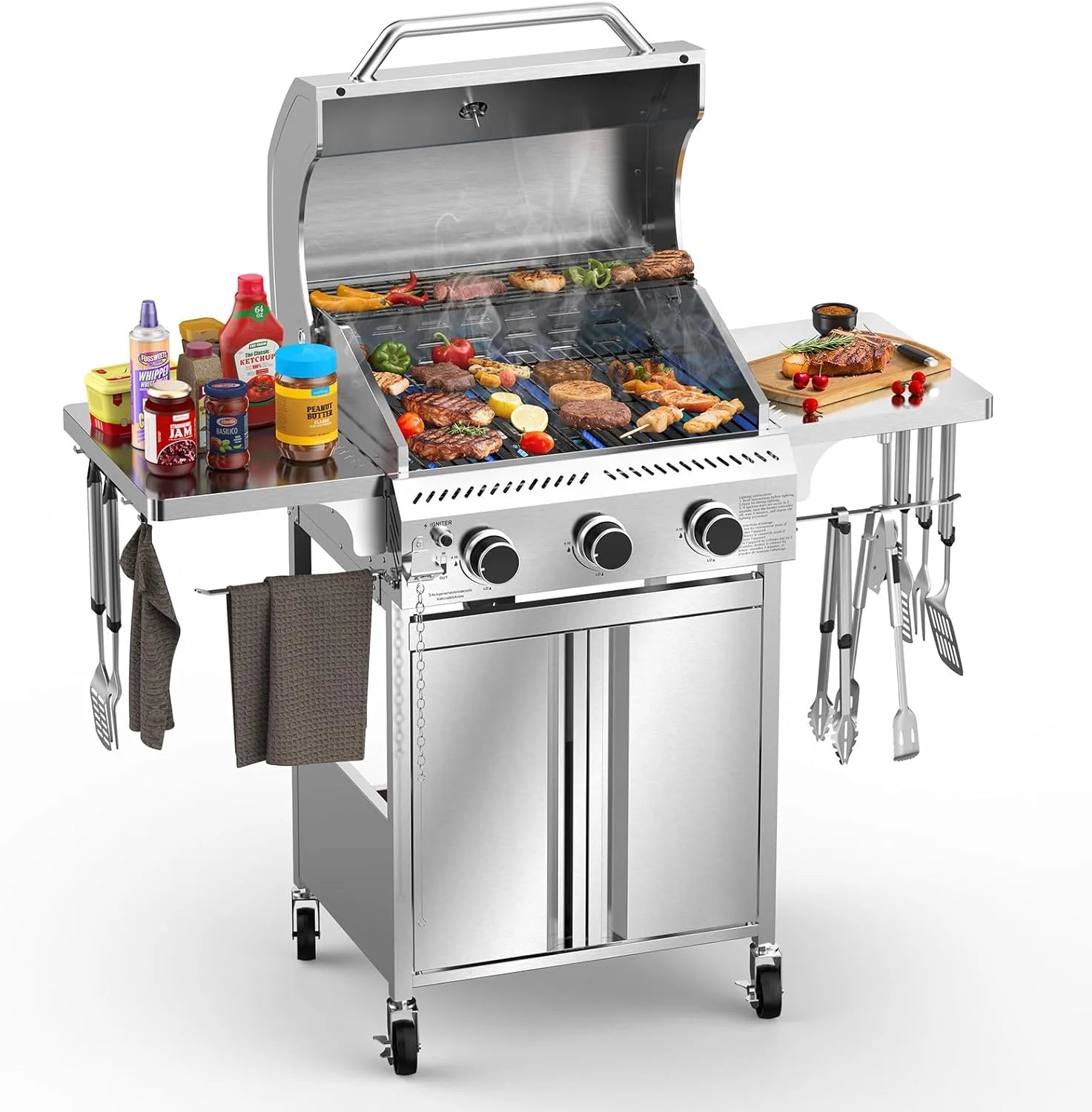 Propane Gas Grill 2 Burner Grill with Cast Iron Skillet and Grate Combo